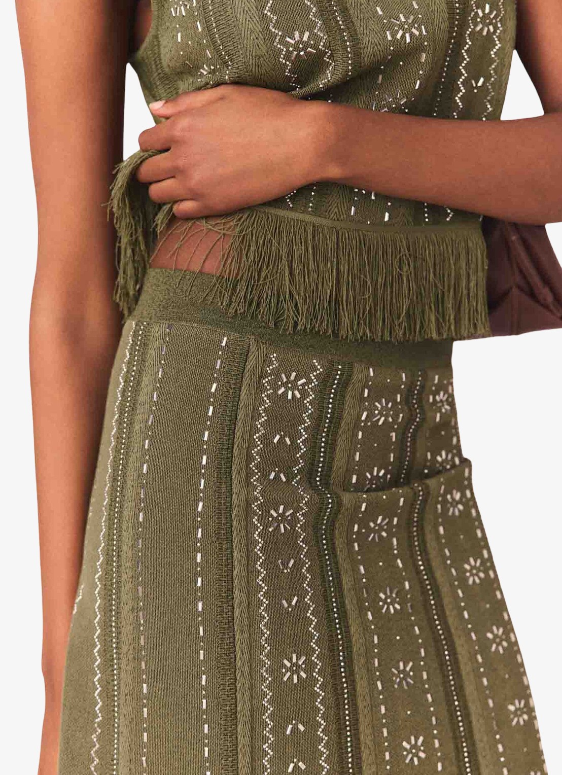 Maje Jilurex midi rok met strass en franjes - detail 8 legergroen