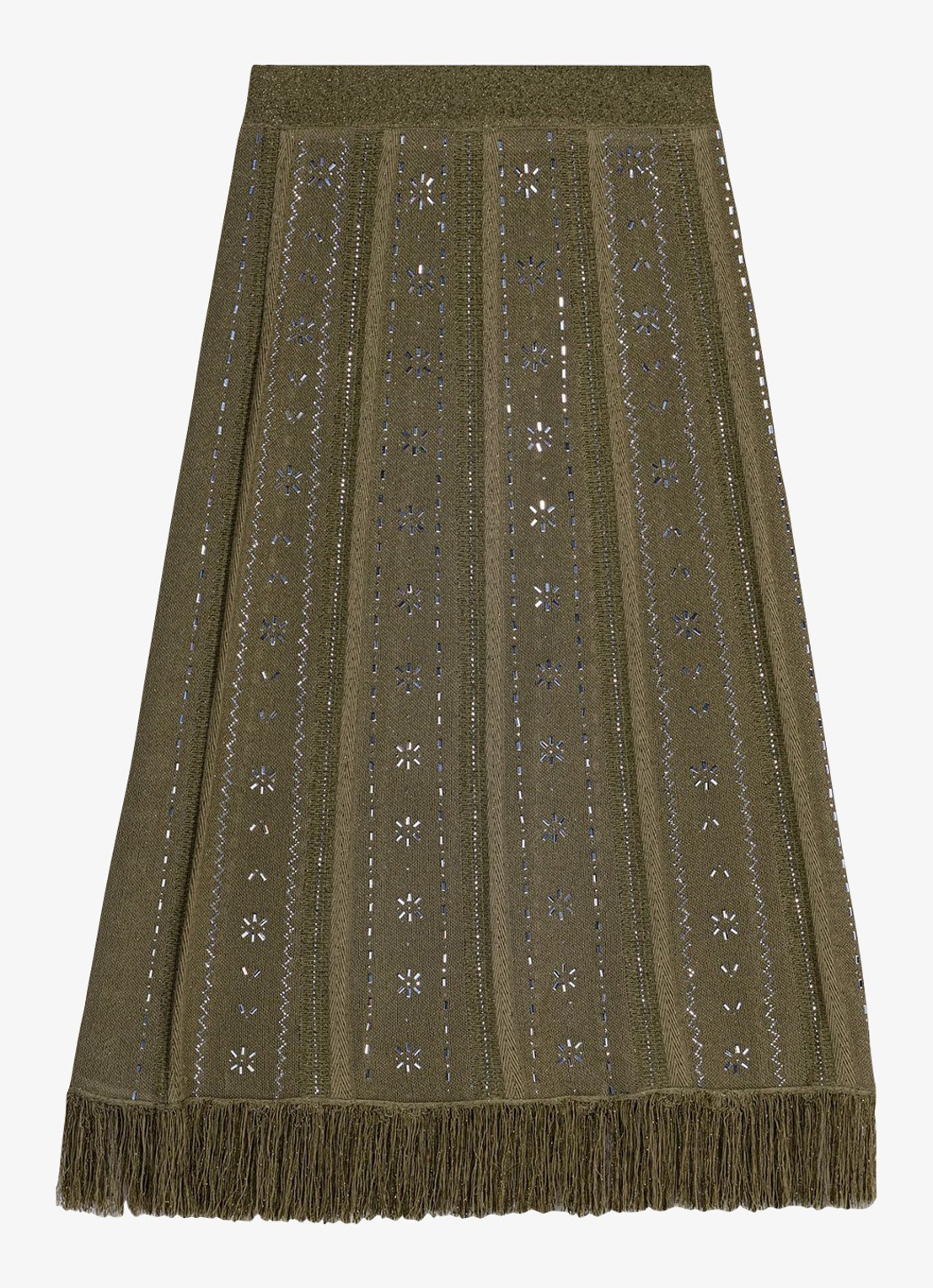 Maje Jilurex midi rok met strass en franjes - voorkant 2 legergroen