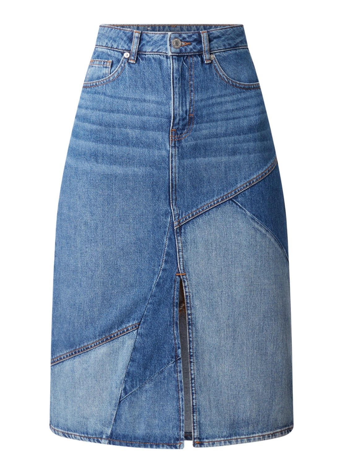 Maje Justine midi spijkerrok met patchwork - voorkant 2 jeans