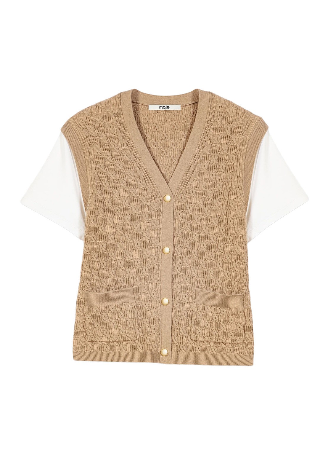 Maje Kabelgebreid gilet in kasjmierblend met opgestikte zakken - voorkant beige