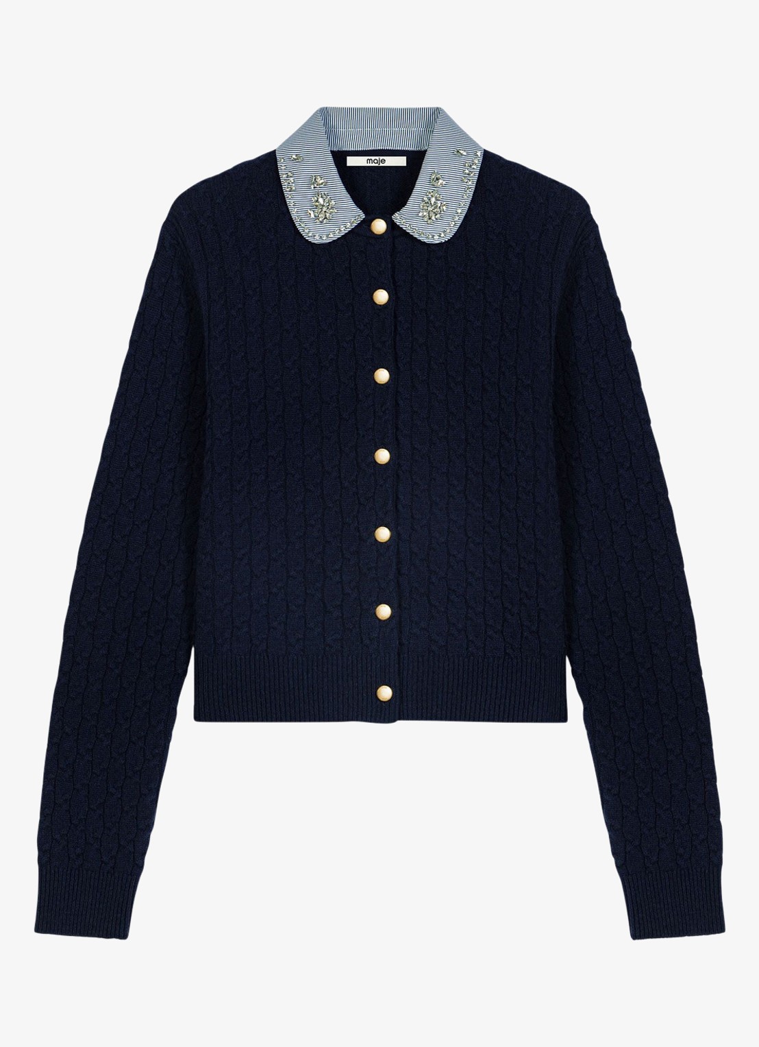 Maje Kabelgebreid vest met afneembare kraag - voorkant donkerblauw