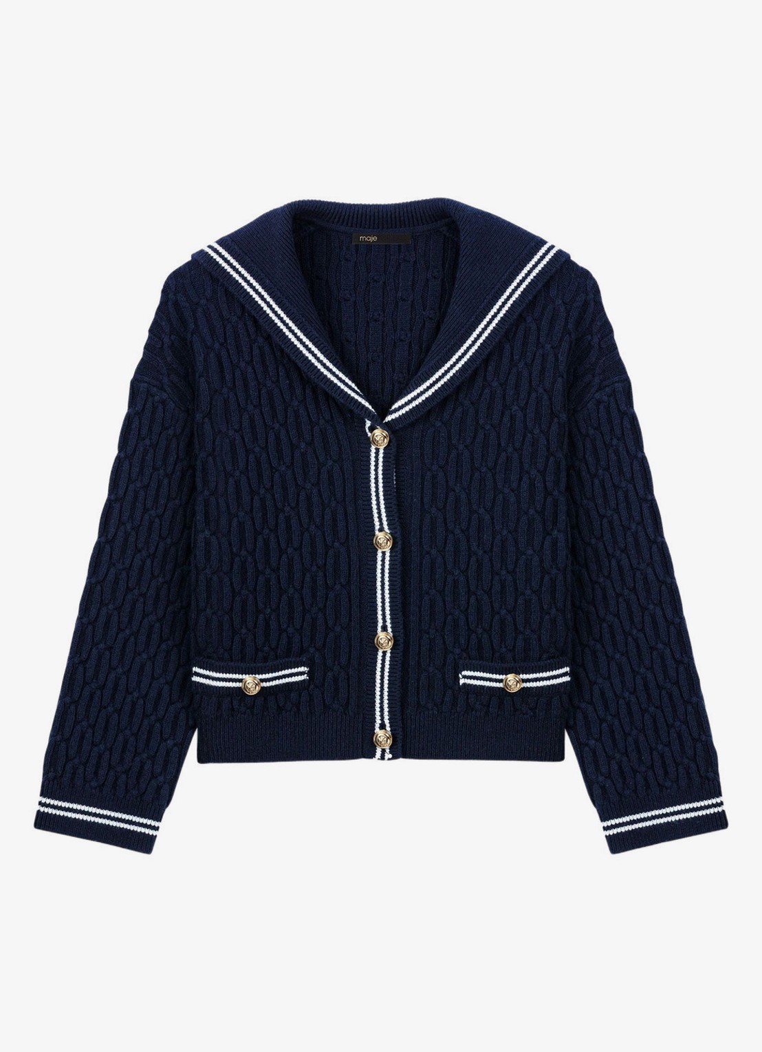 Maje Kabelgebreid vest van wol - voorkant 2 blauw