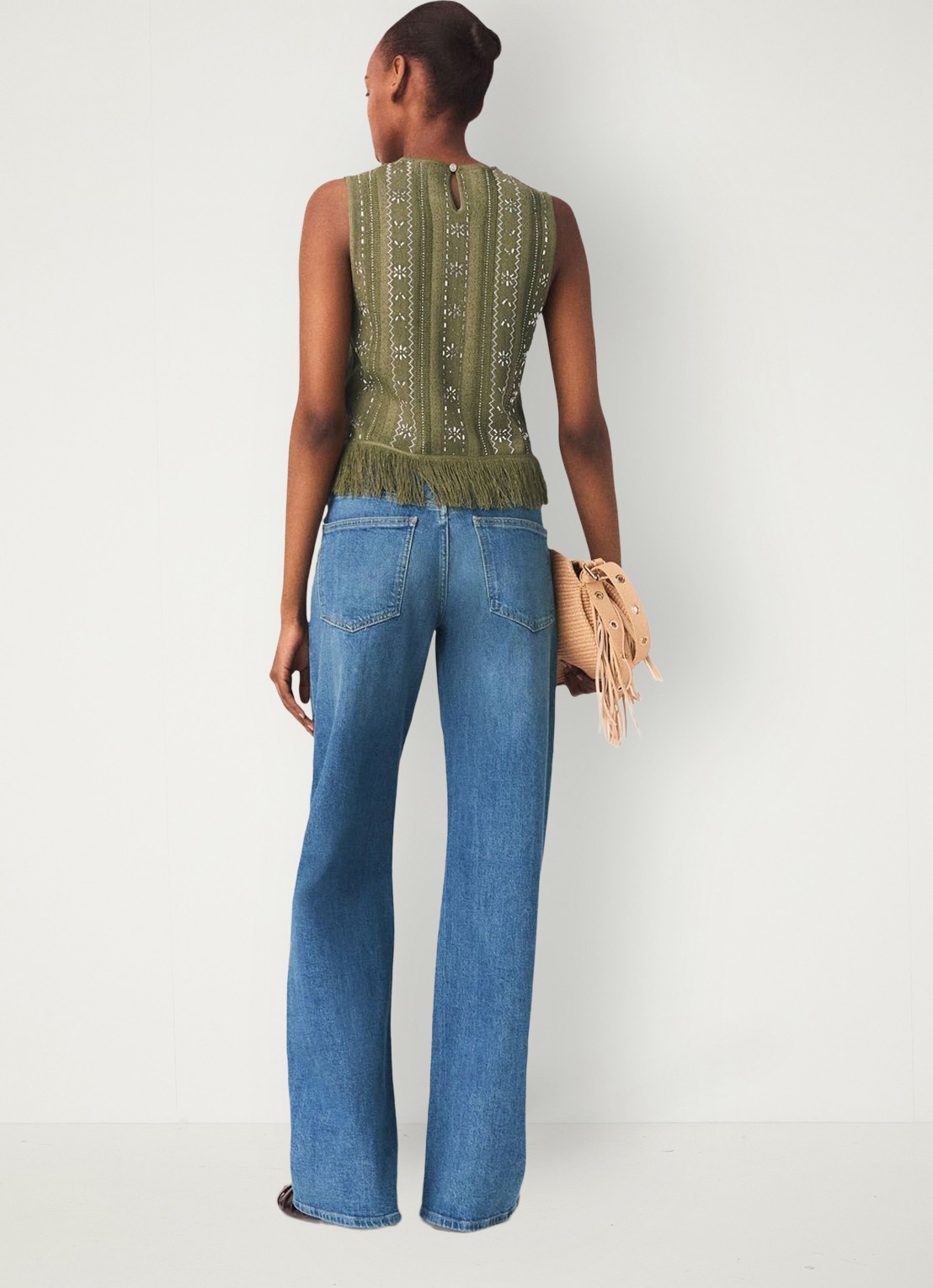 Maje Lilurex tanktop met strass en franjes - achterkant 7 legergroen