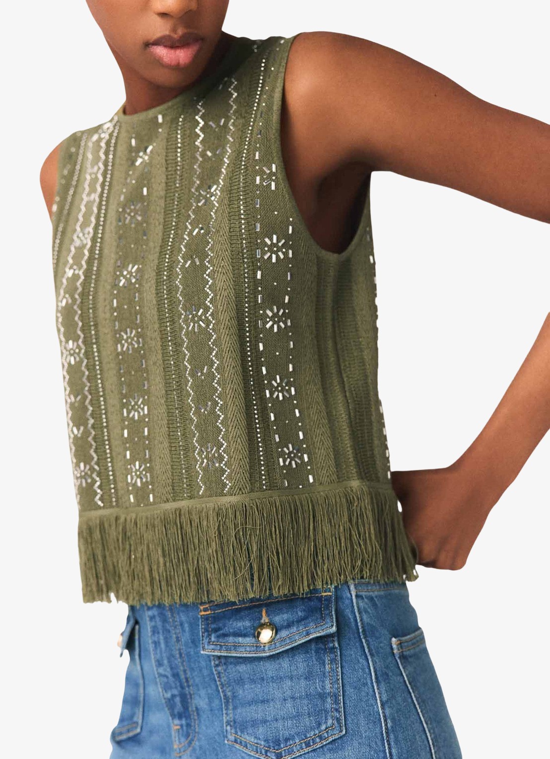 Maje Lilurex tanktop met strass en franjes - detail legergroen