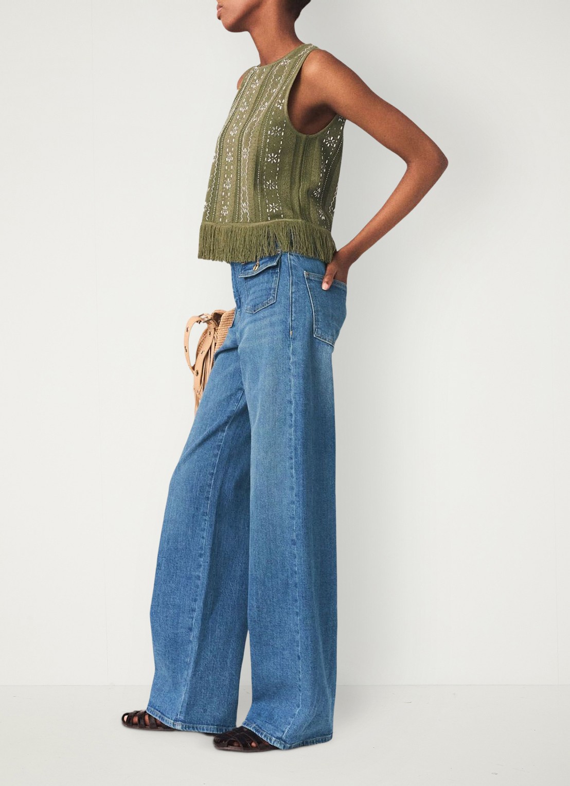 Maje Lilurex tanktop met strass en franjes - detail 2 legergroen