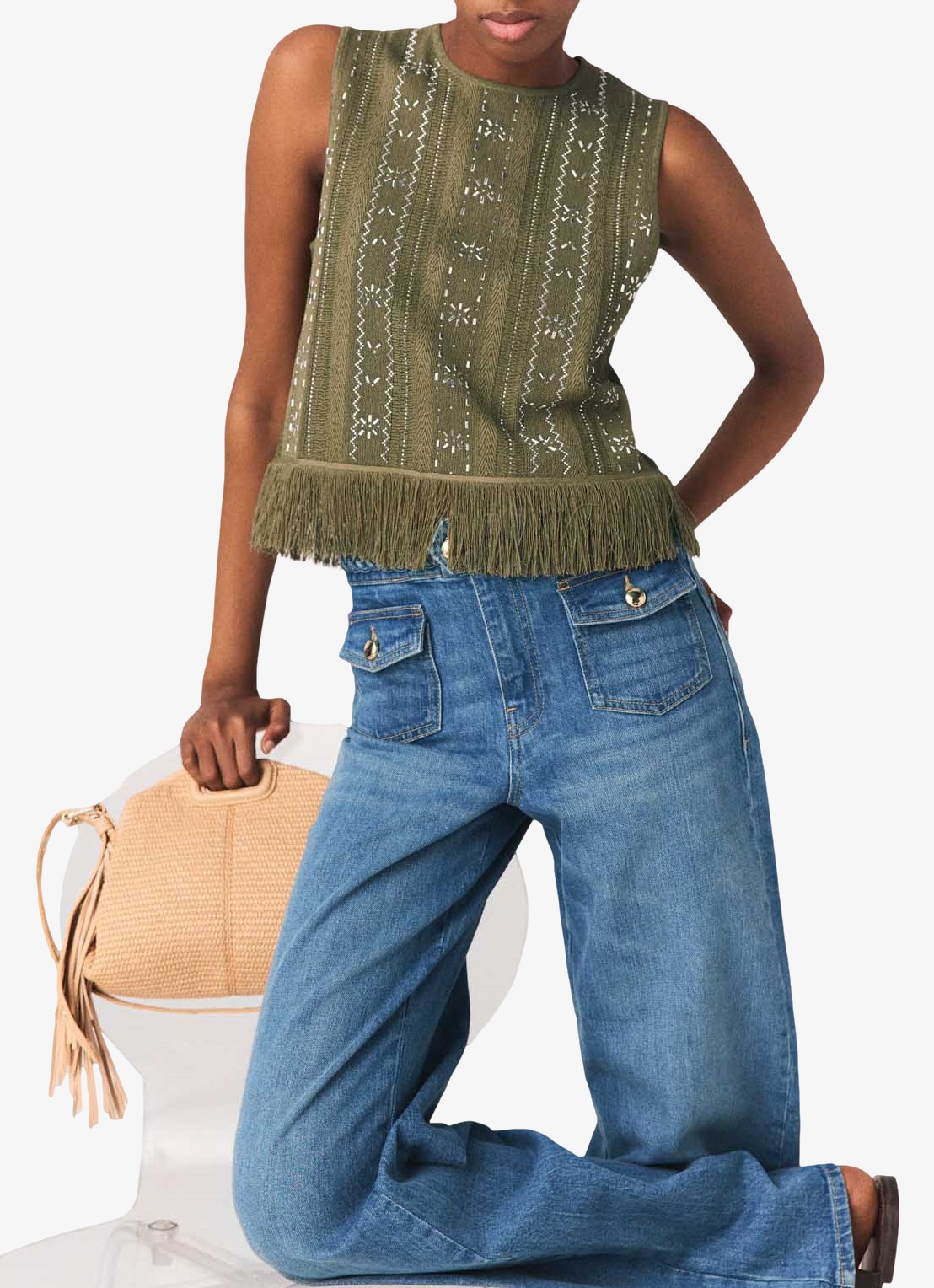 Maje Lilurex tanktop met strass en franjes - detail 3 legergroen