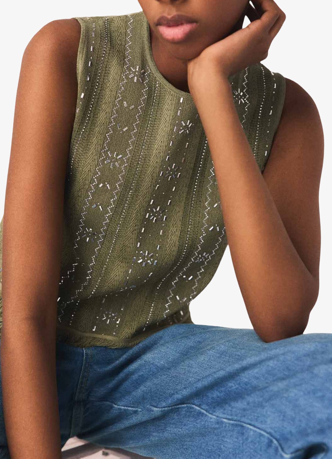 Maje Lilurex tanktop met strass en franjes - detail 4 legergroen