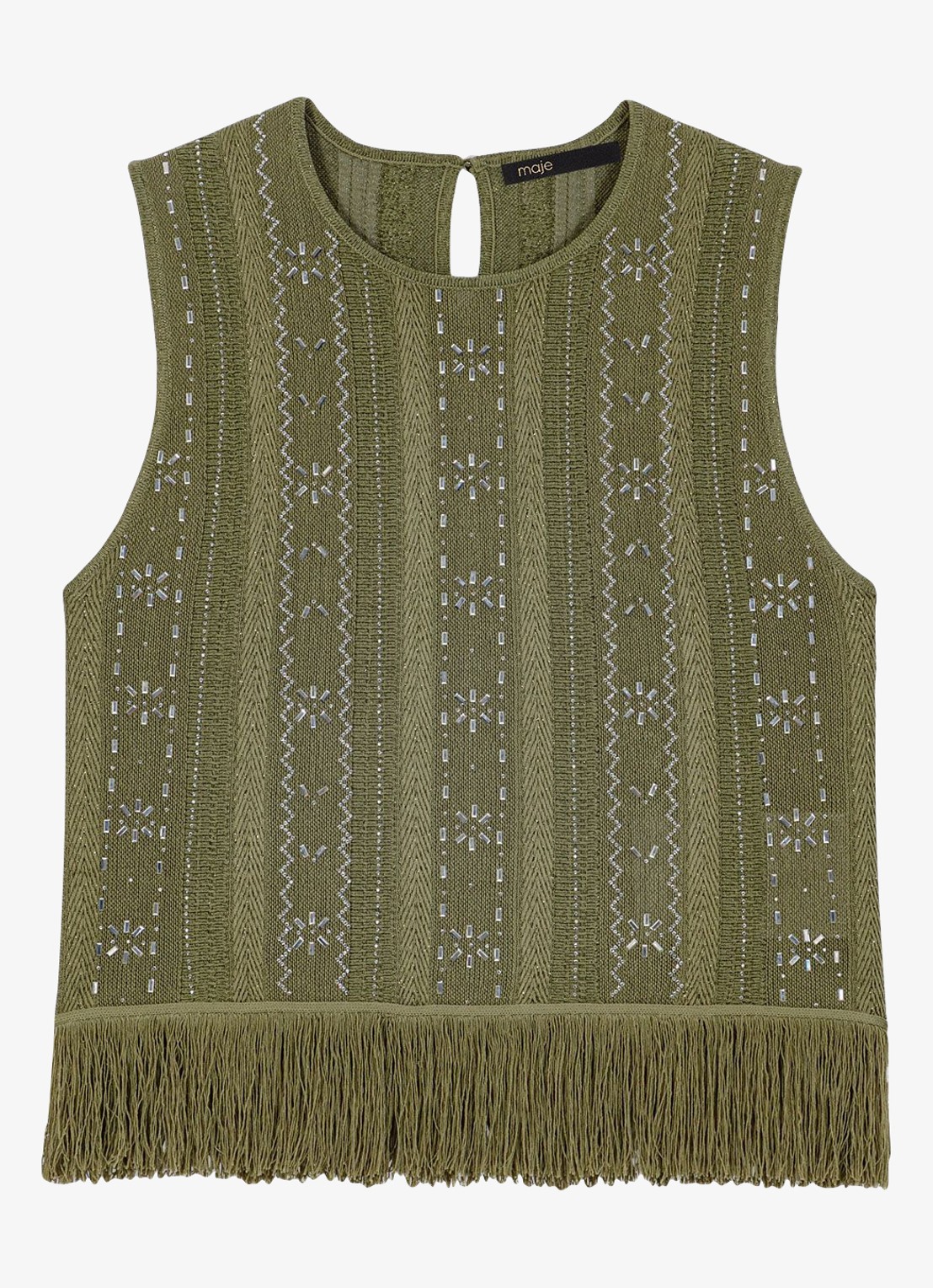 Maje Lilurex tanktop met strass en franjes - voorkant 5 legergroen