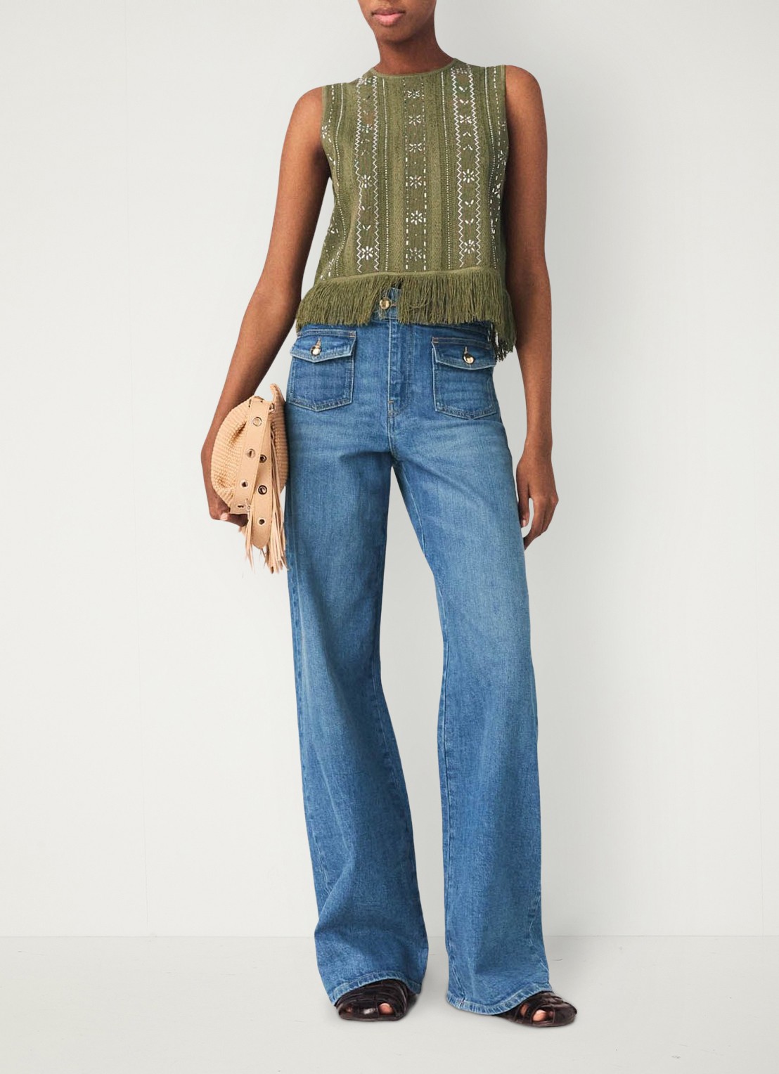 Maje Lilurex tanktop met strass en franjes - voorkant 6 legergroen