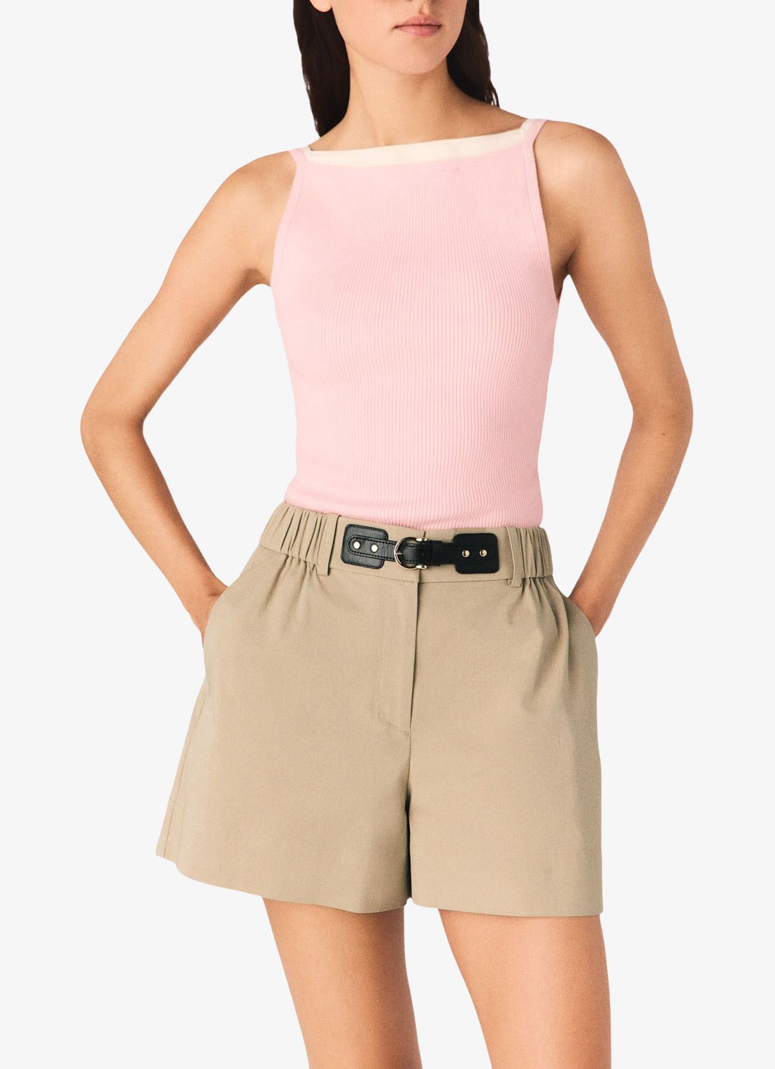 Maje Liyo ribgebreide top - detail 3 roze