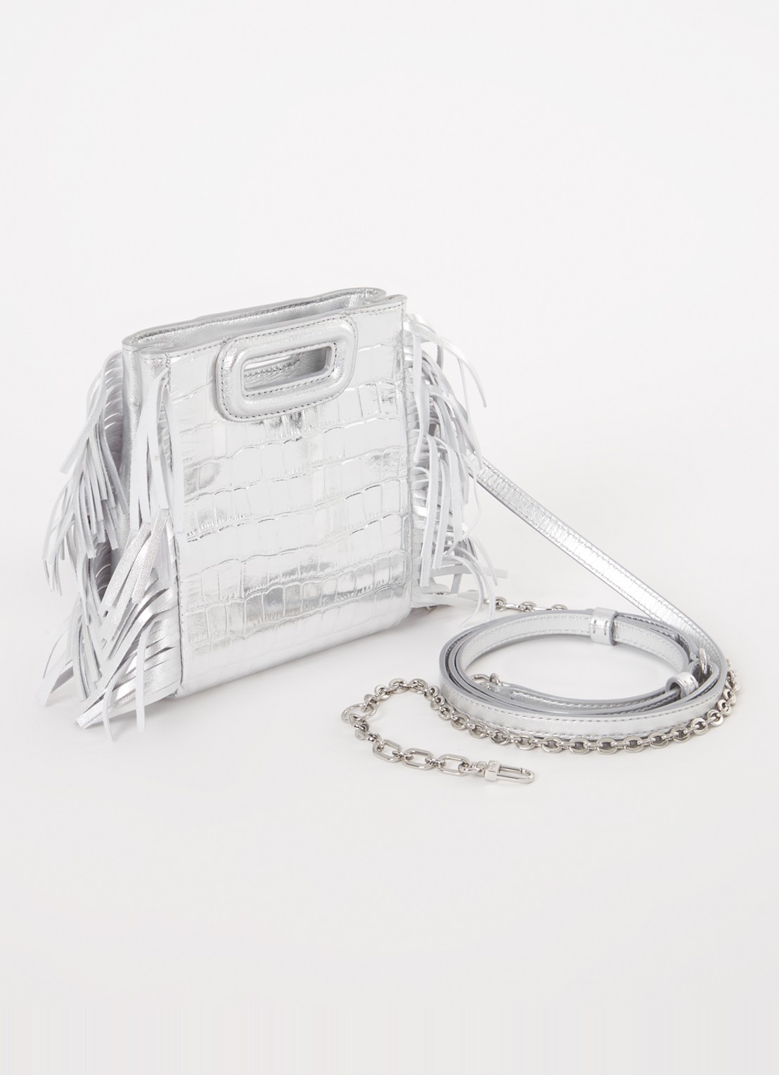 Maje M bag Mini handtas van schapenleer met franjes en crocostructuur - achterkant 4 zilver