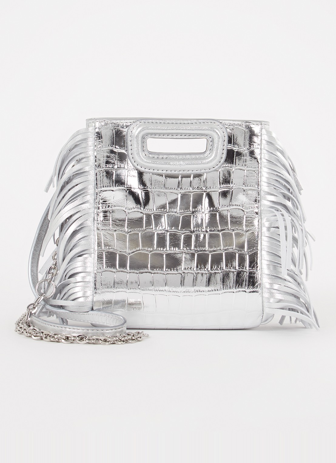 Maje M bag Mini handtas van schapenleer met franjes en crocostructuur - voorkant zilver
