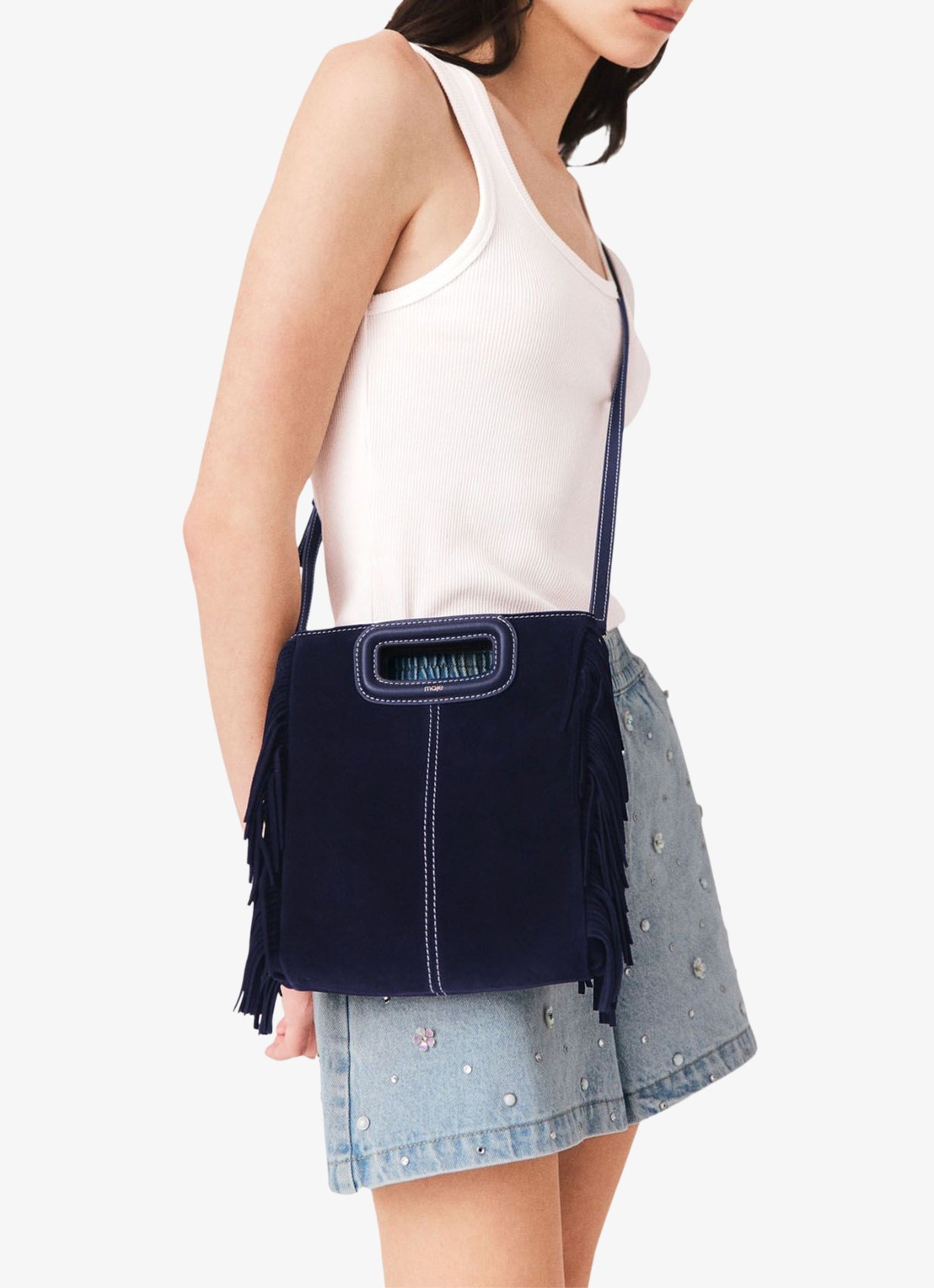 Maje M tas van getikte suède - voorkant 7 marineblauw