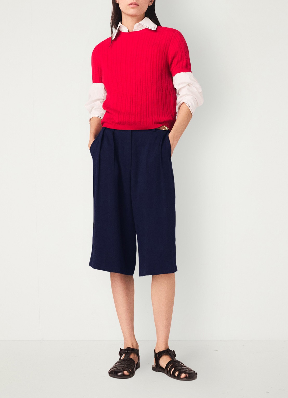 Maje Mapi kabelgebreide T-shirt in zijdeblend - voorkant 6 steenrood