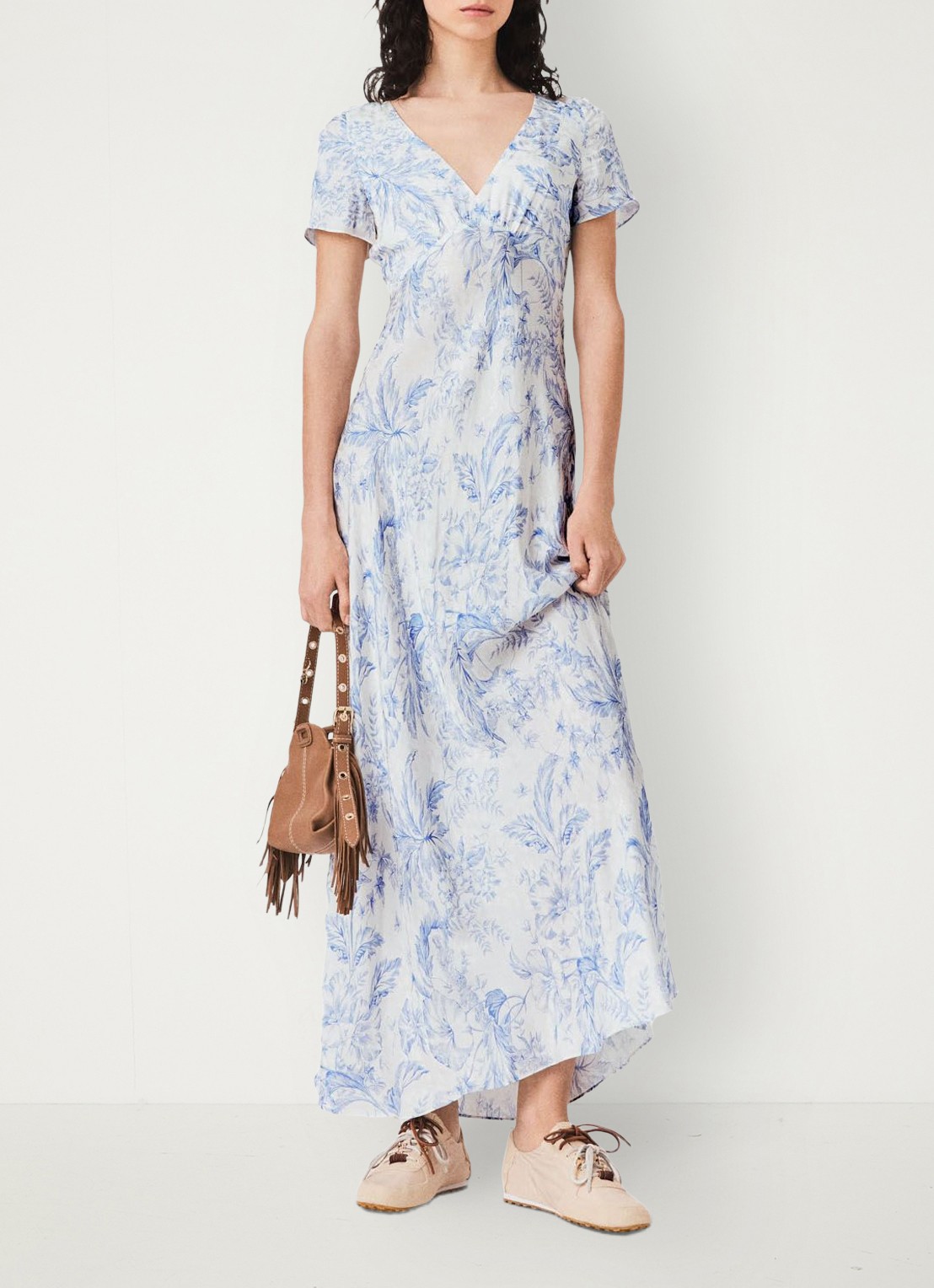 Maje Maxi jurk met V-hals en print - voorkant 7 blauw