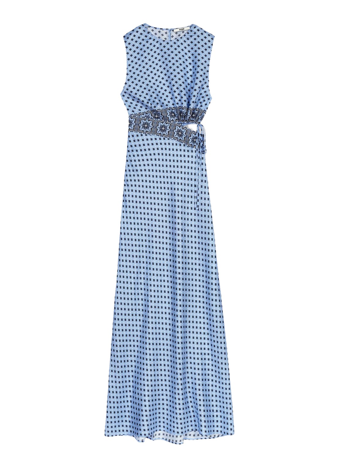 Maje Maxi jurk van zijde met cut-out detail en print - voorkant lichtblauw