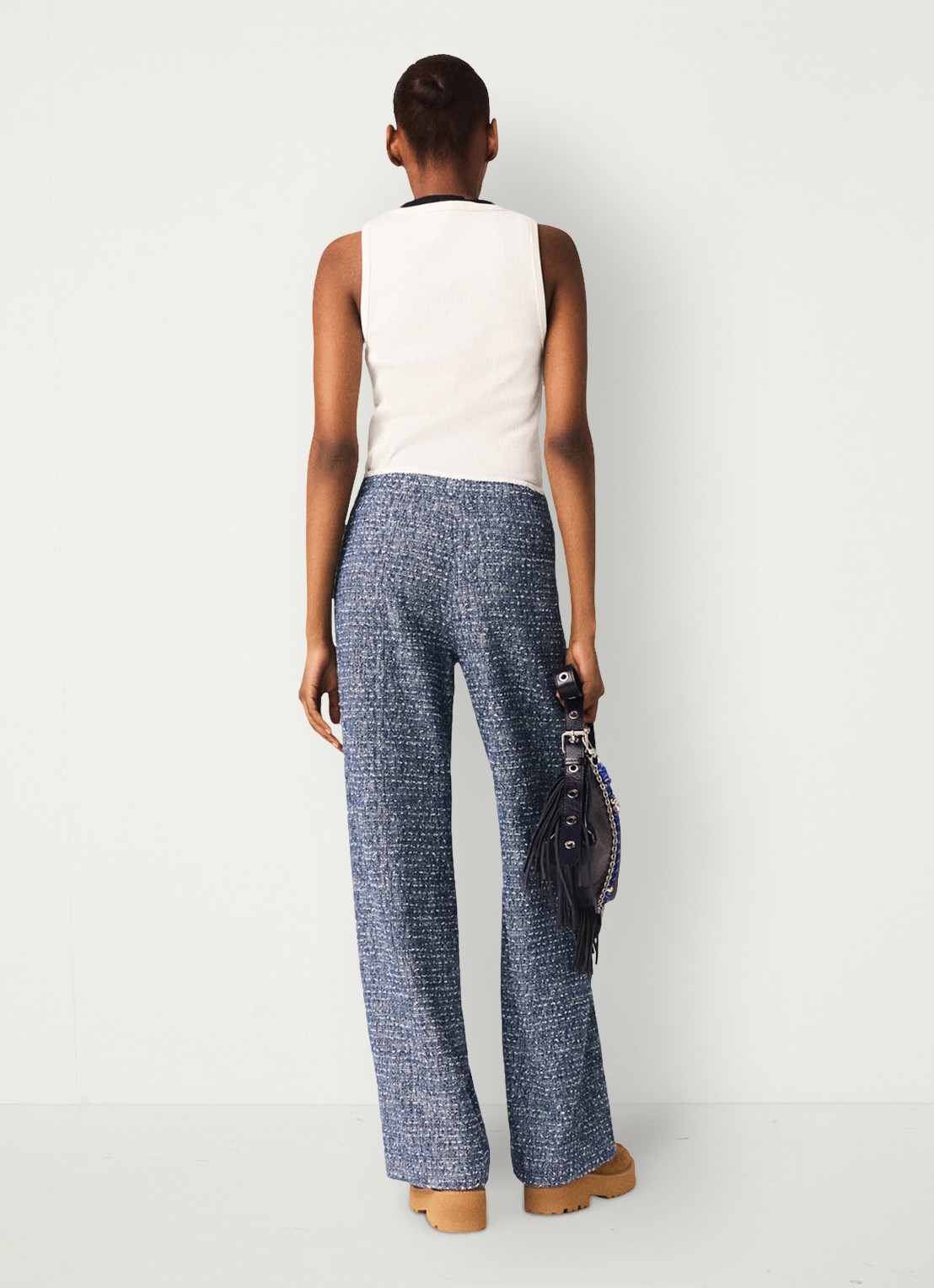 Maje Mid waist straight fit broek met tweed-look - achterkant 4 donkerblauw