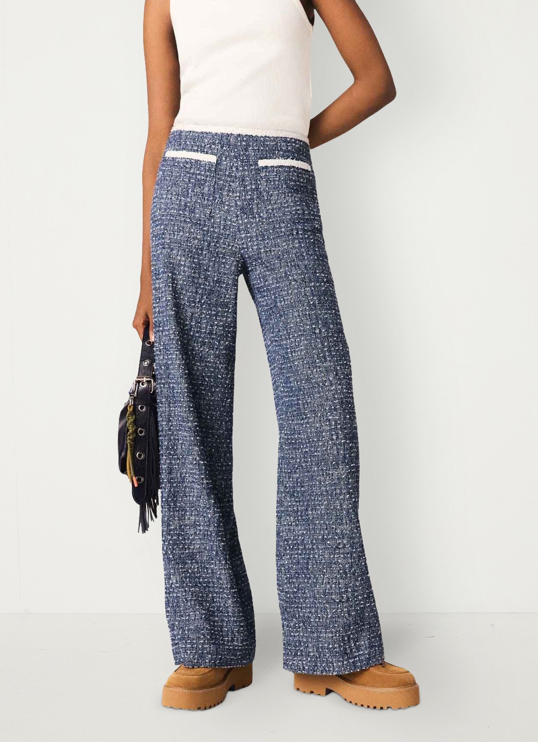 Maje Mid waist straight fit broek met tweed-look - detail donkerblauw