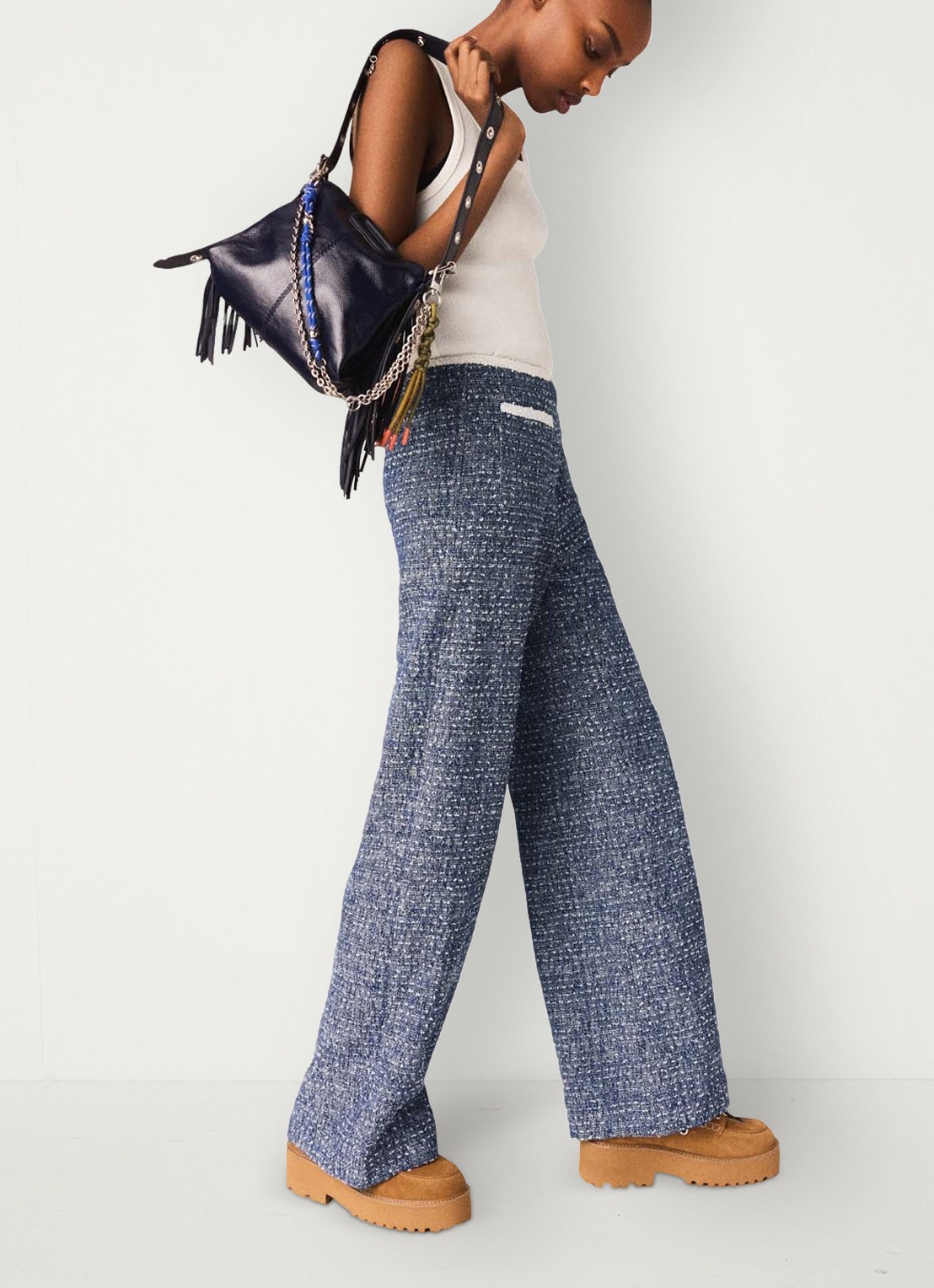 Maje Mid waist straight fit broek met tweed-look - detail 3 donkerblauw
