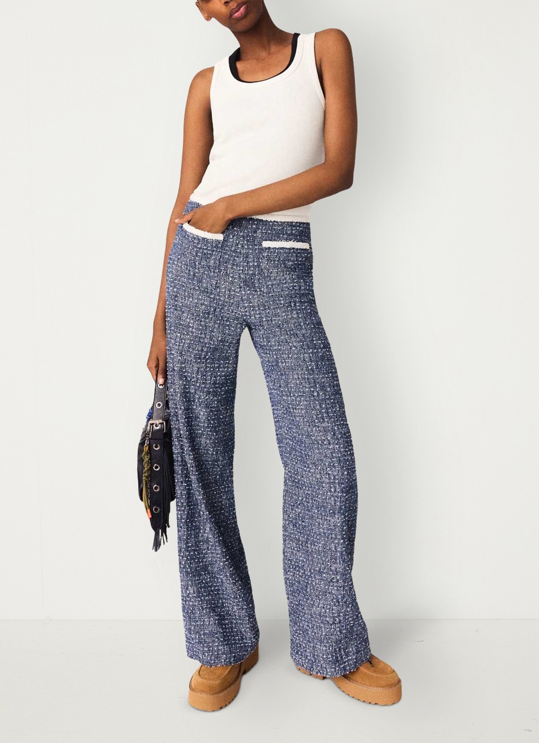 Maje Mid waist straight fit broek met tweed-look - voorkant 6 donkerblauw