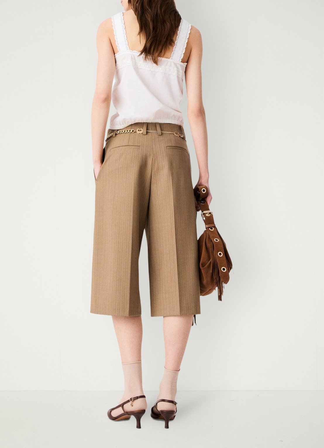 Maje Mid waist wide fit korte broek met streepprint - achterkant 6 beige / beige