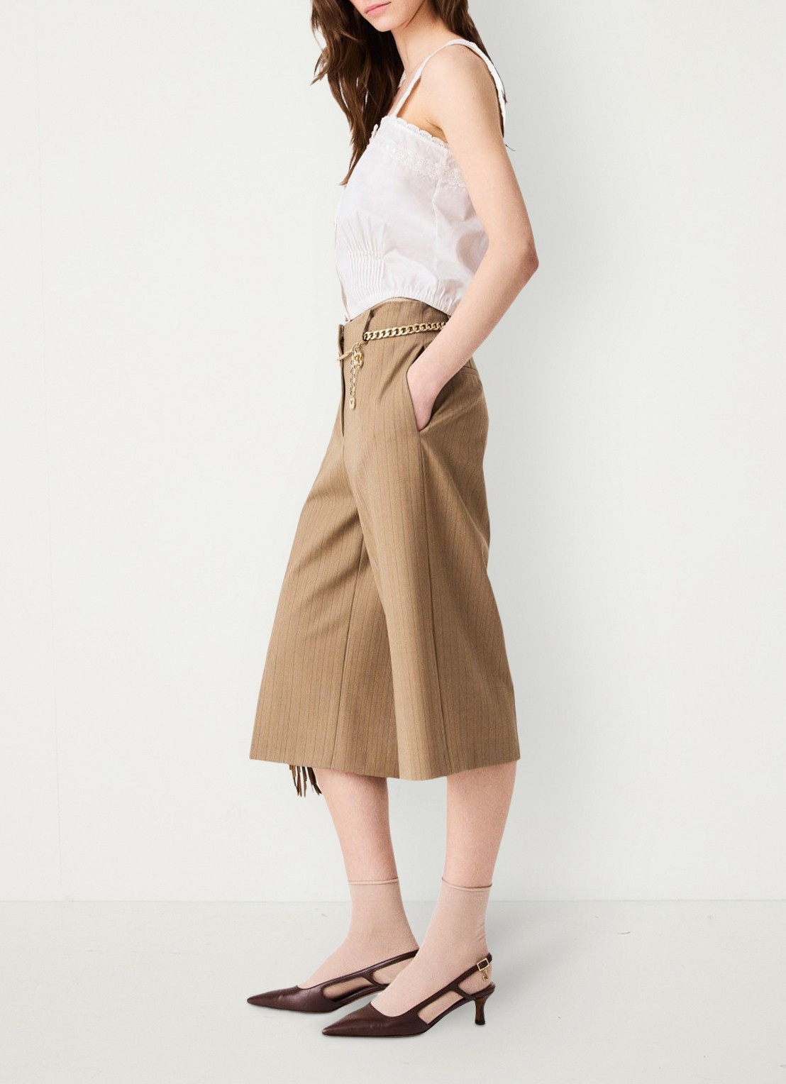 Maje Mid waist wide fit korte broek met streepprint - detail 2 beige / beige