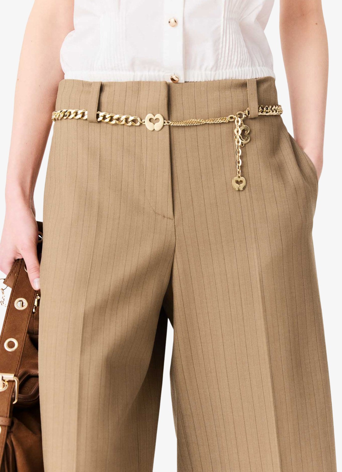 Maje Mid waist wide fit korte broek met streepprint - detail 3 beige / beige