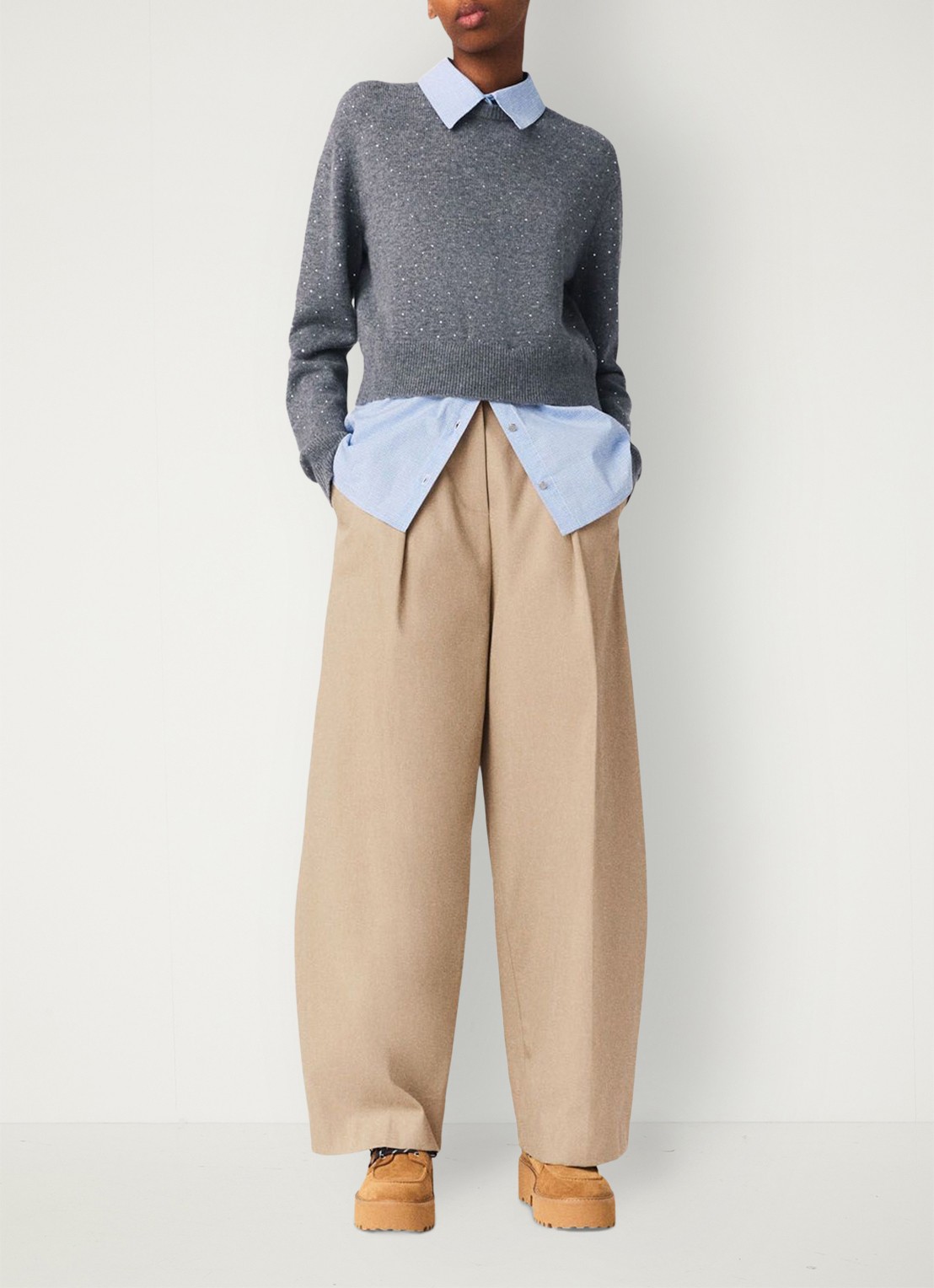 Maje Mid waist wide fit pantalon met steekzakken - voorkant 3 beige