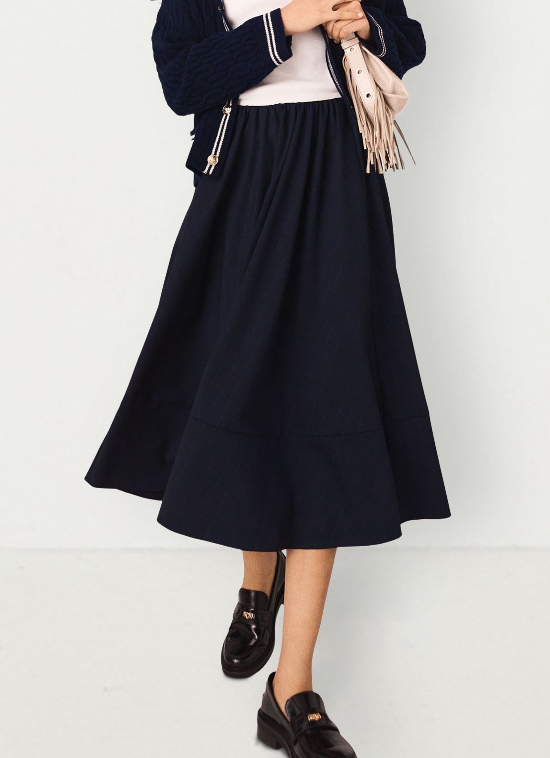 Maje Midi A-lijn rok met plooien - detail donkerblauw