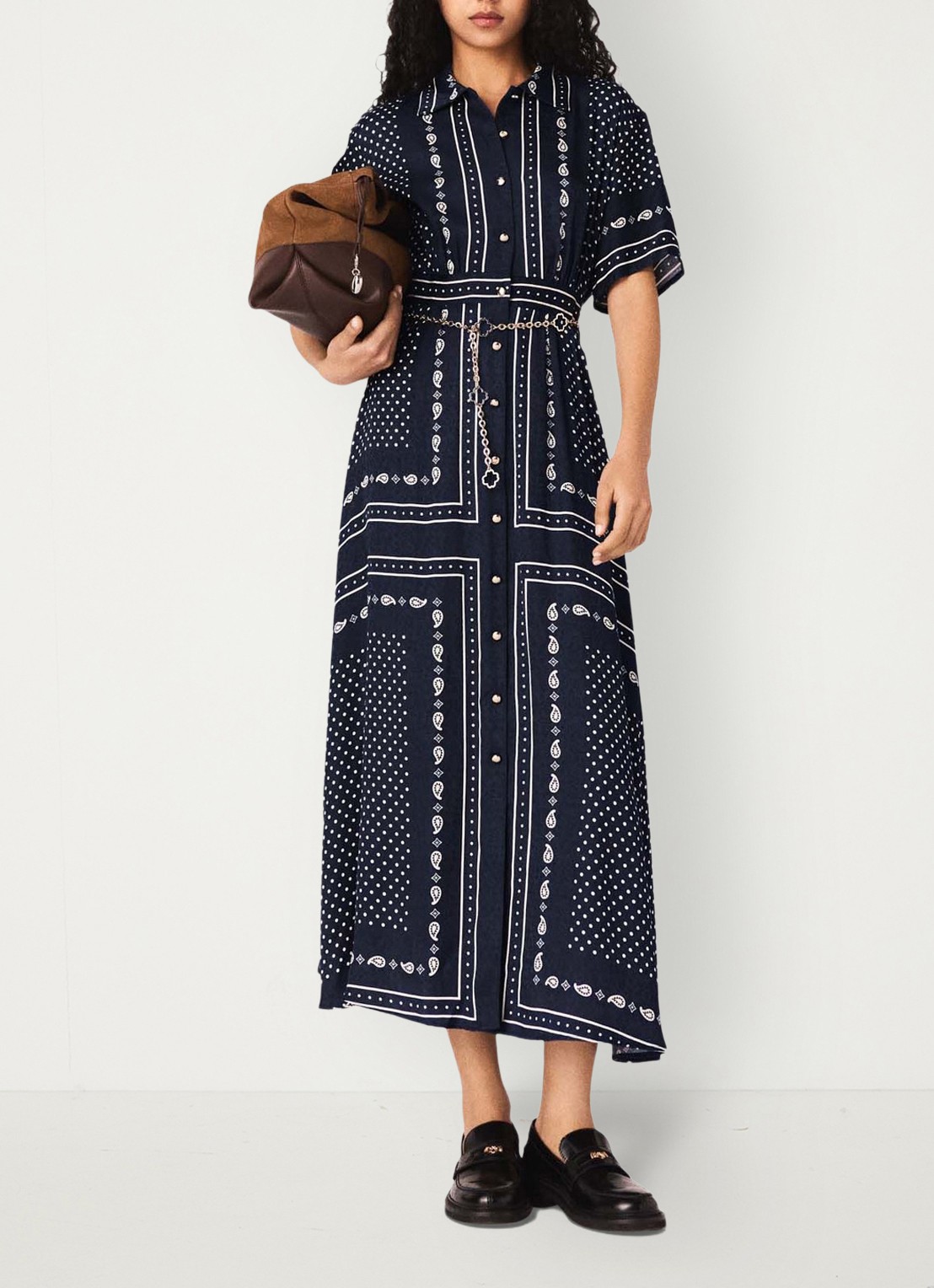 Maje Midi blousejurk met stippenprint - detail 3 donkerblauw