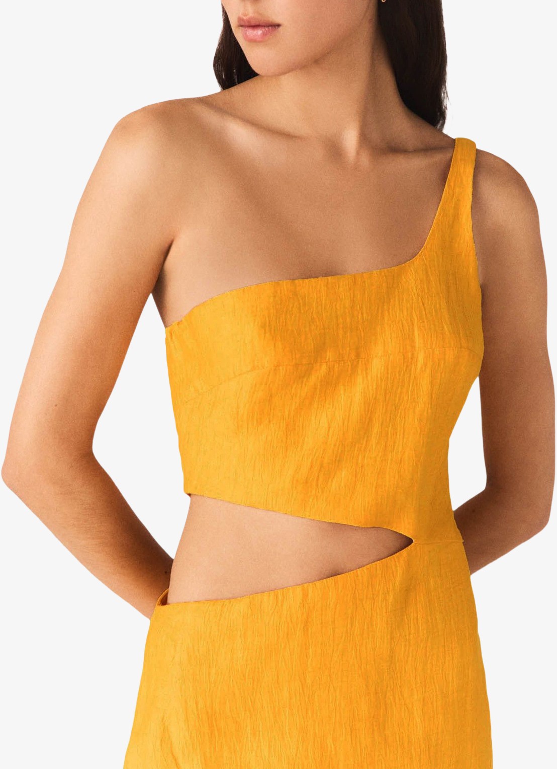 Maje Midi jurk in linnenblend met cut-out detail - detail 6 okergeel
