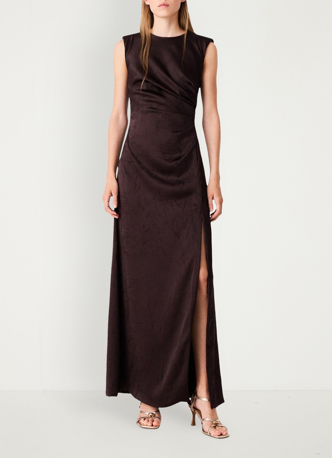 Maje Midi jurk met gedrapeerd detail - voorkant 7 brown / bruin