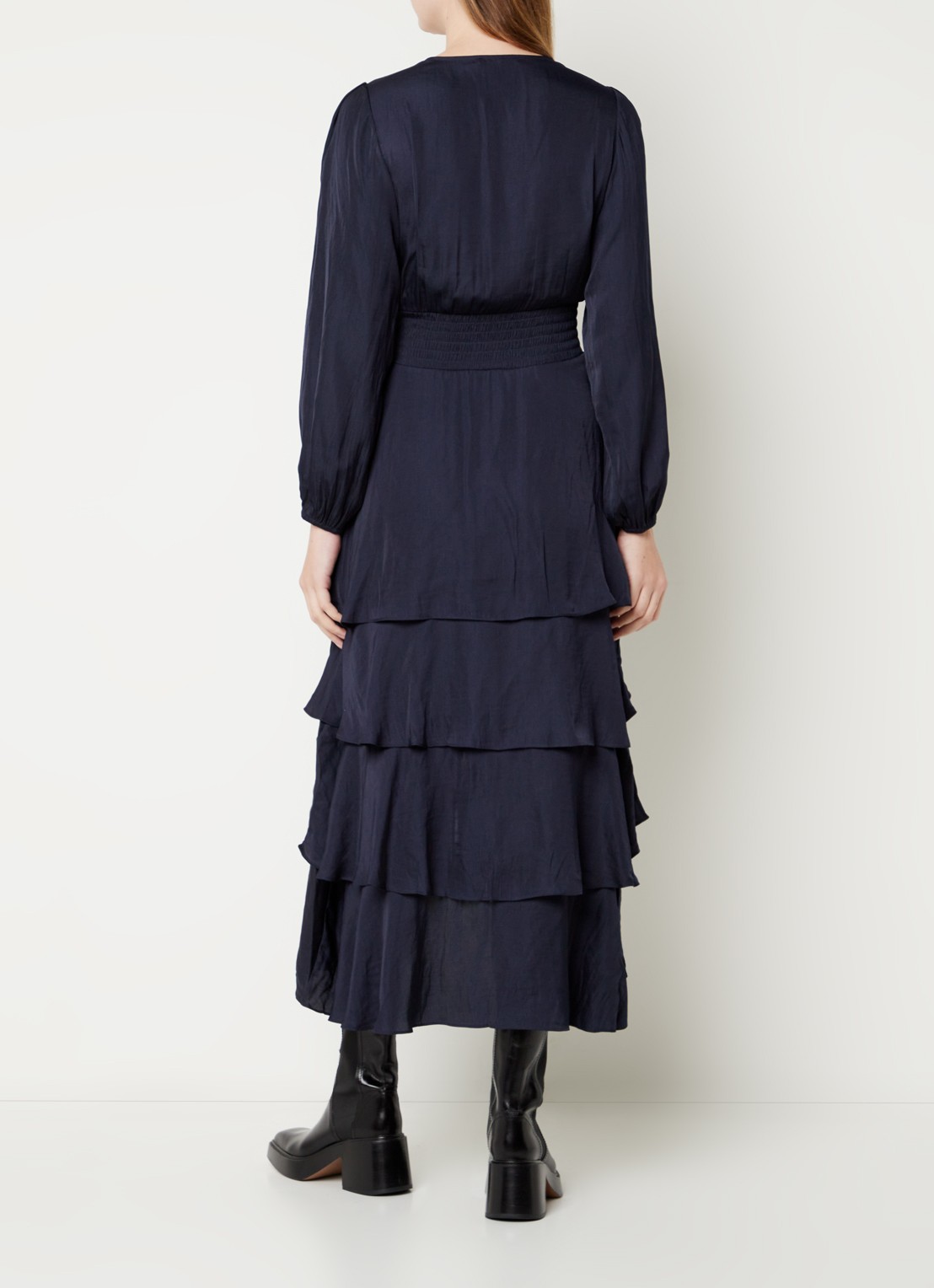 Maje Midi jurk met smockwerk en volant - achterkant 5 donkerblauw