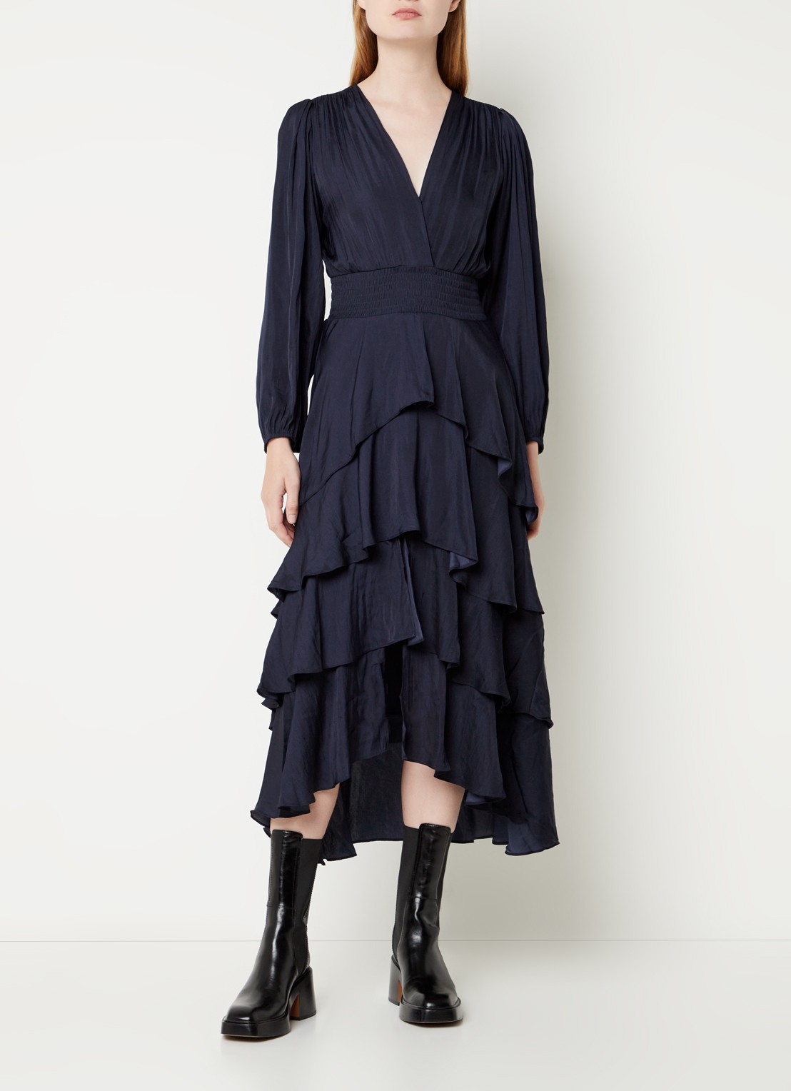 Maje Midi jurk met smockwerk en volant - detail donkerblauw