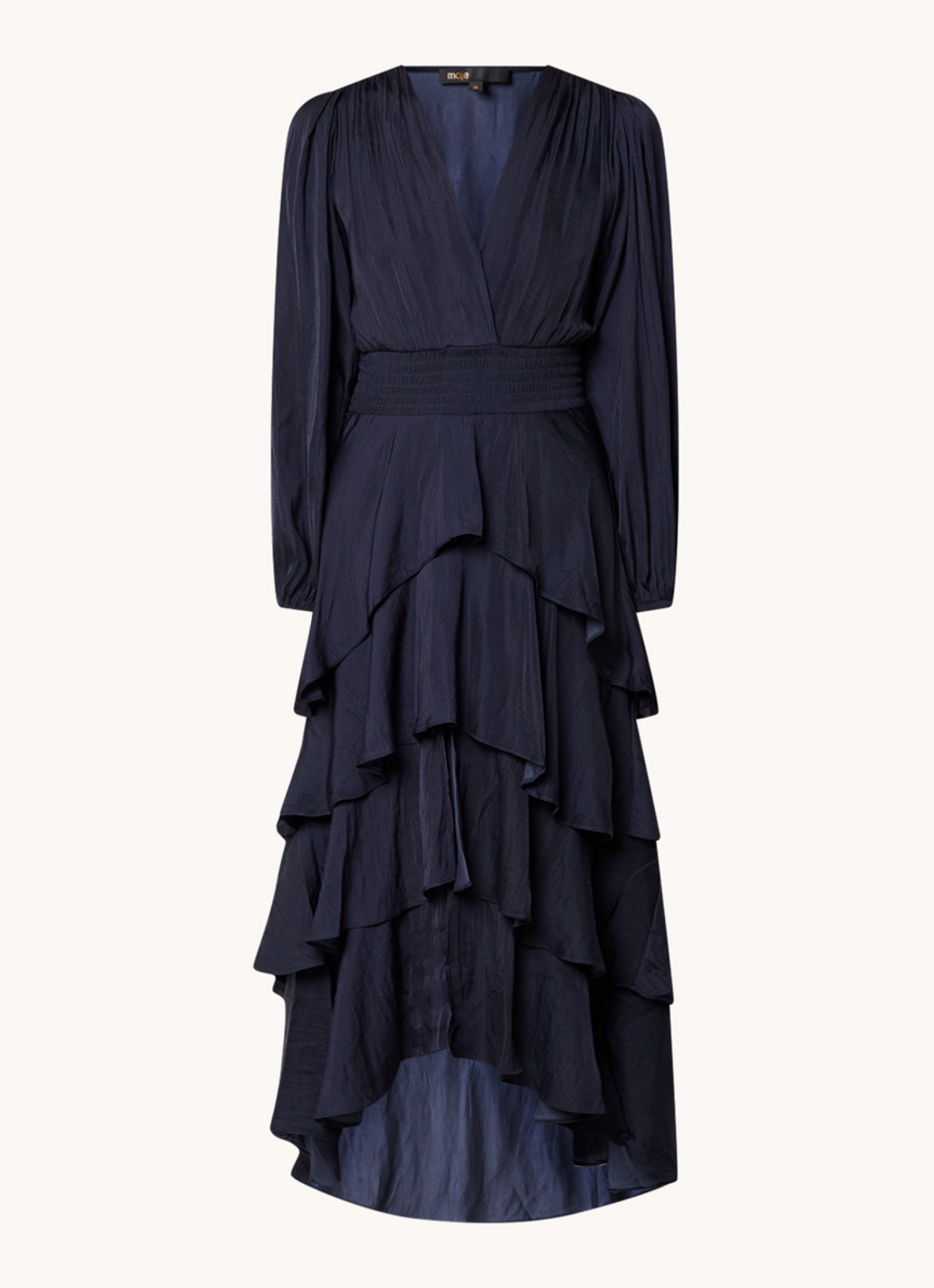 Maje Midi jurk met smockwerk en volant - voorkant 3 donkerblauw