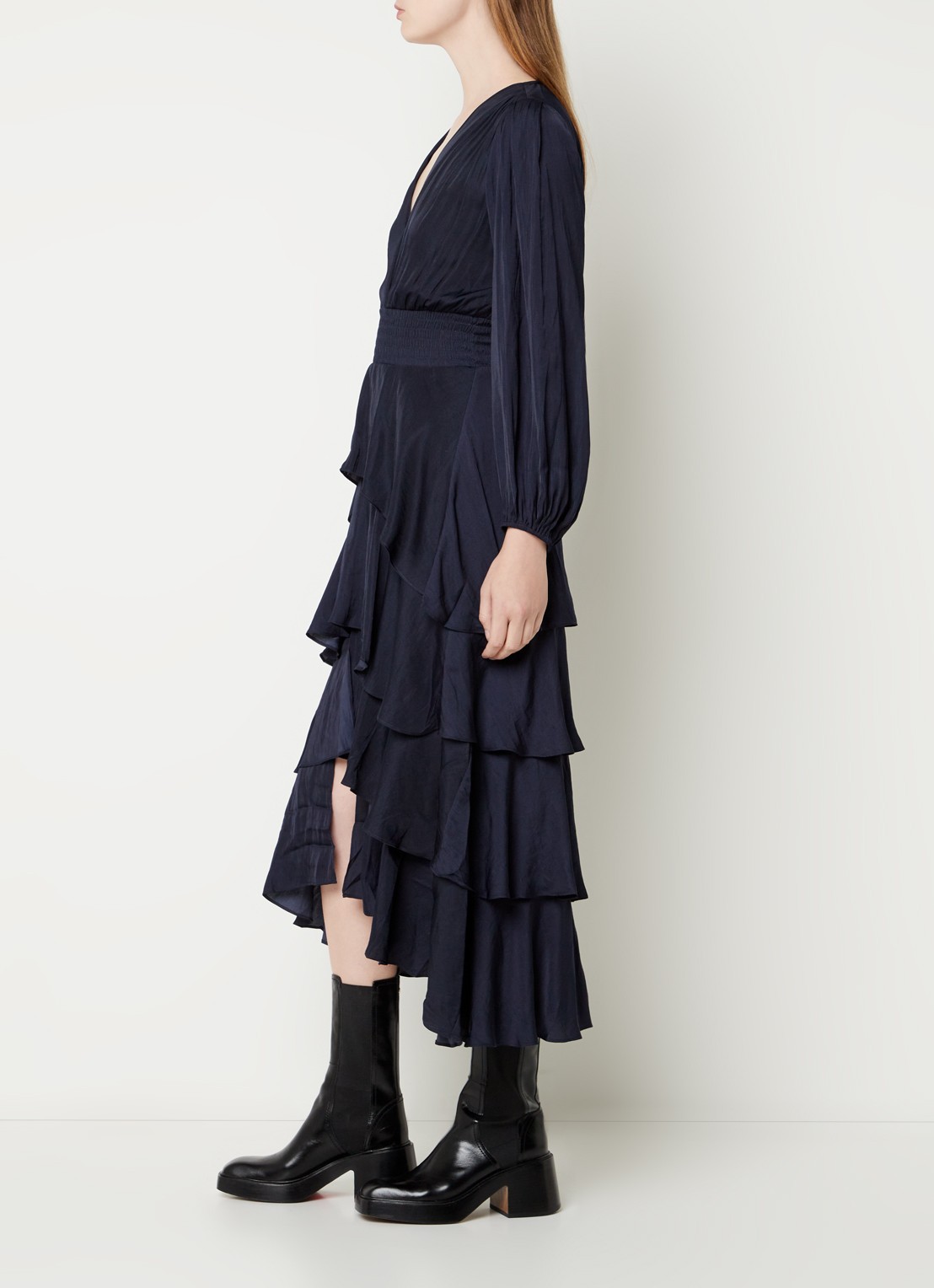 Maje Midi jurk met smockwerk en volant - voorkant 4 donkerblauw