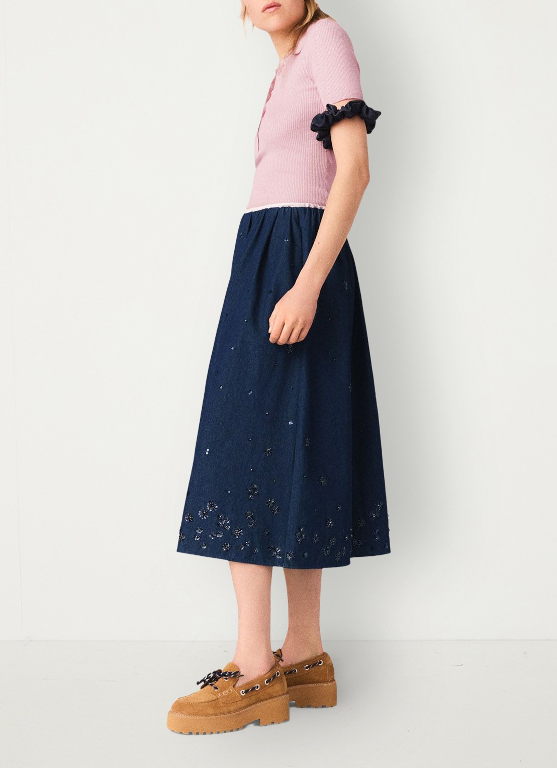 Maje Midi plooirok met kralendecoratie - voorkant 5 donkerblauw