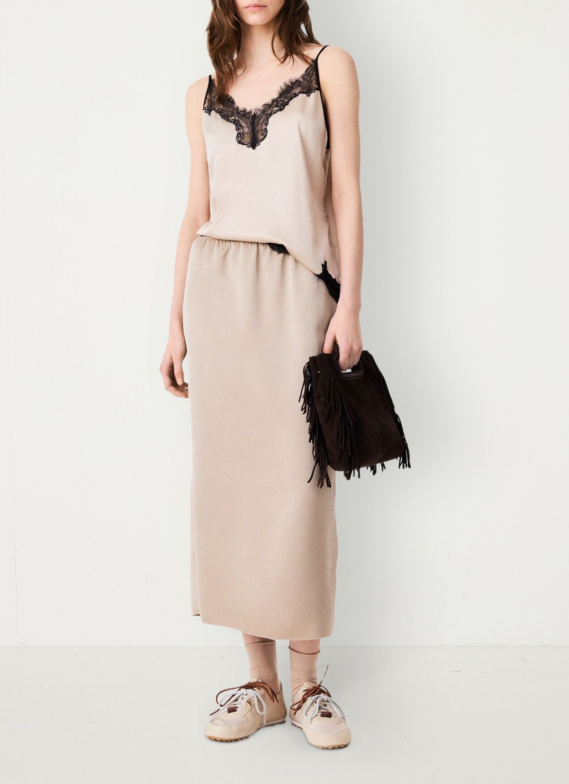 Maje Midi-rok met elastische taille - voorkant 3 beige / beige