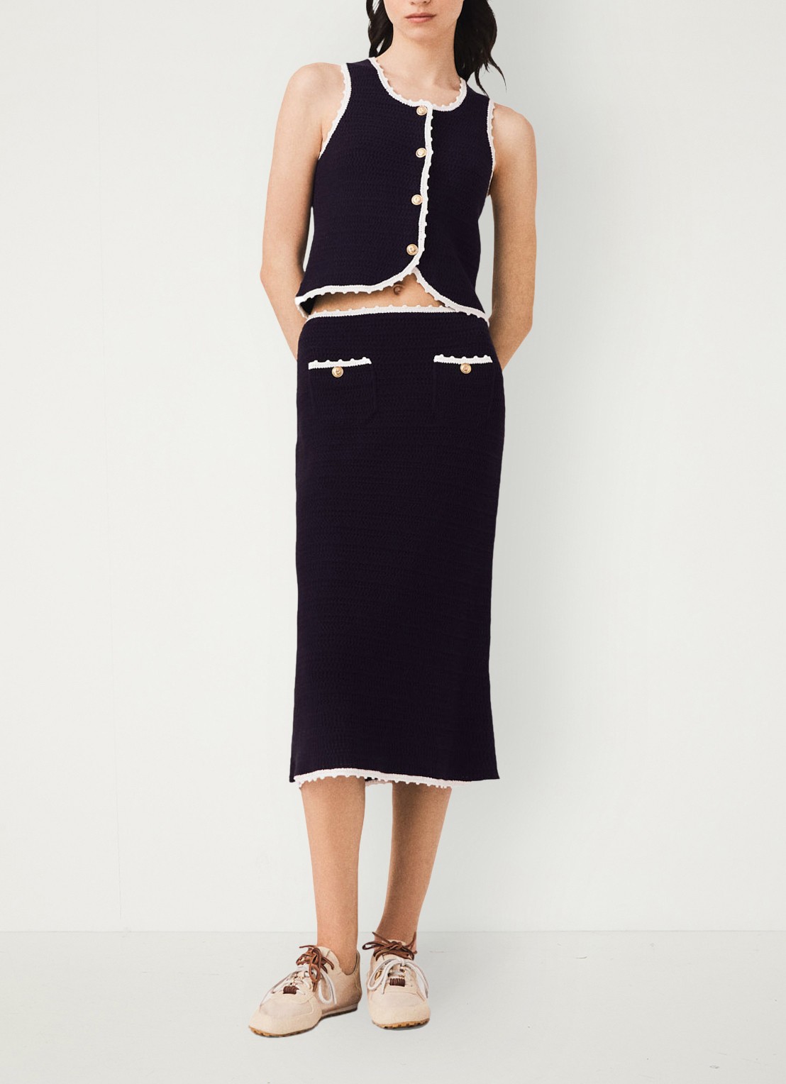 Maje Midi rok met haakwerkbies - voorkant 2 donkerblauw