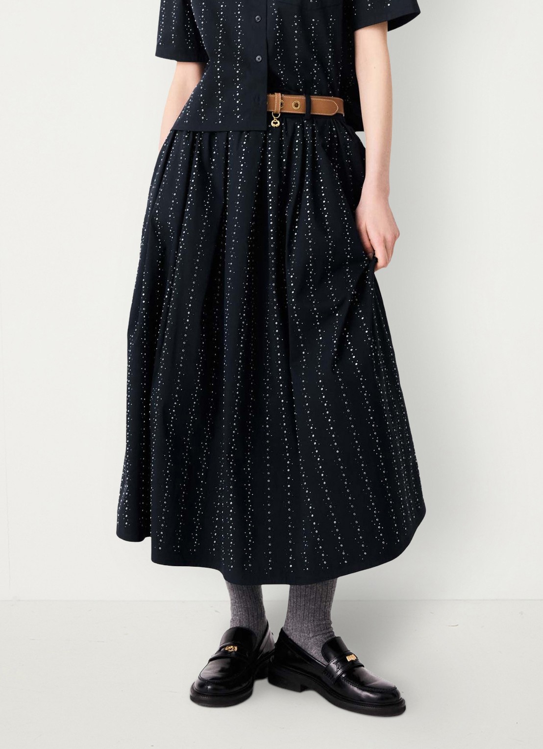 Maje midi-rok met strassdetails en afneembare strikceintuur - detail donkerblauw