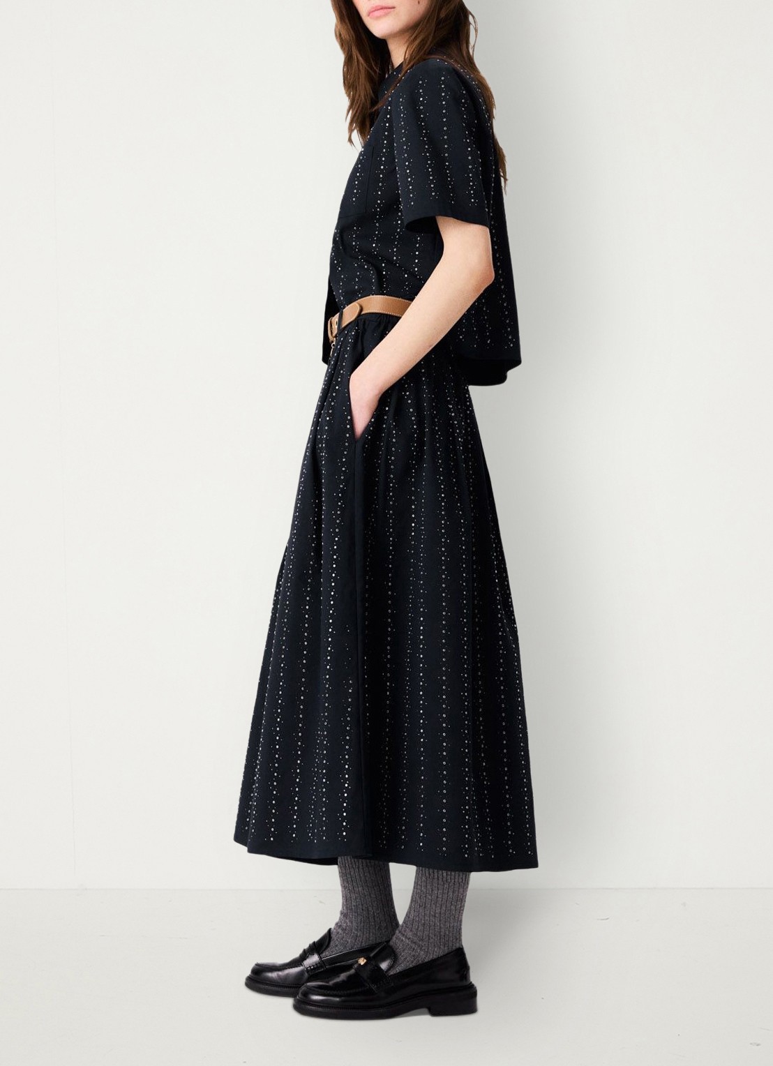 Maje midi-rok met strassdetails en afneembare strikceintuur - detail 2 donkerblauw