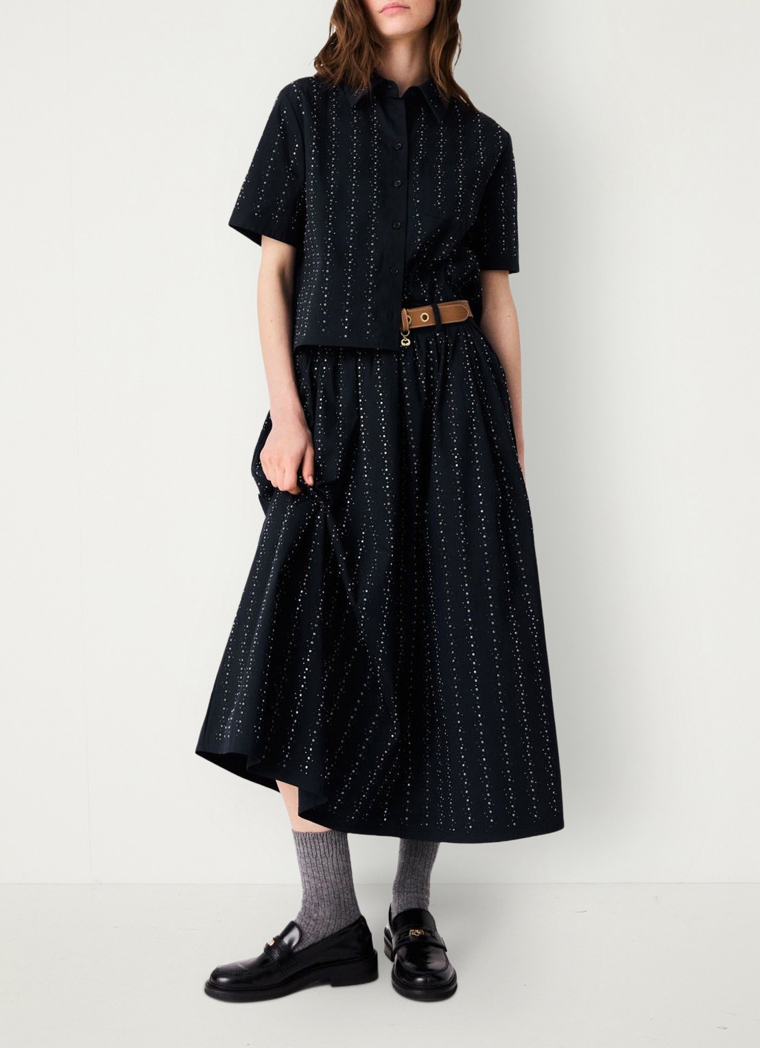 Maje midi-rok met strassdetails en afneembare strikceintuur - detail 5 donkerblauw