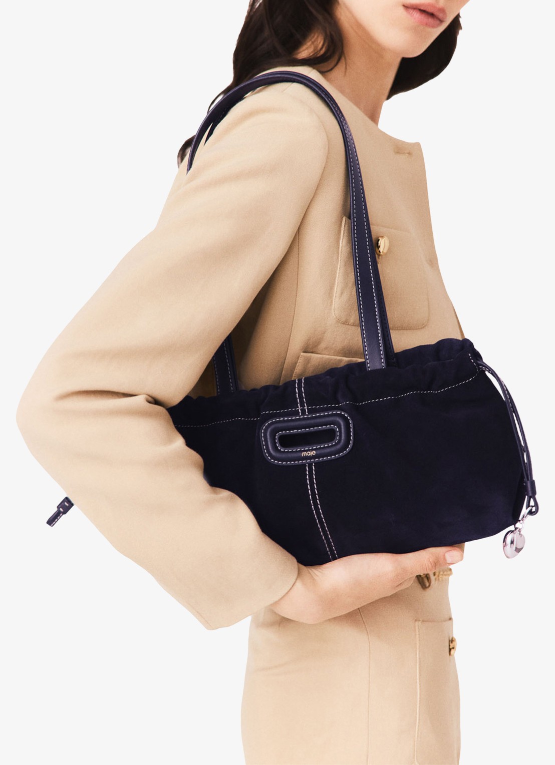 Maje Milpli Gazette tas van getikte suède - voorkant 7 marineblauw