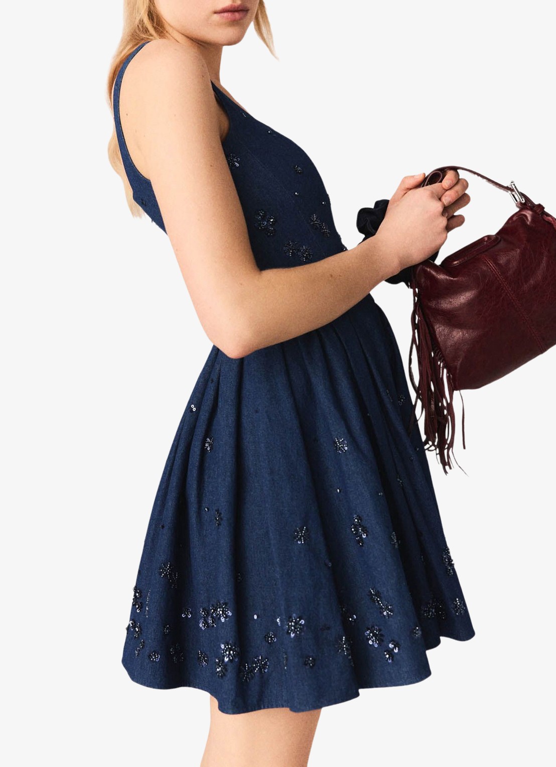 Maje Mini A-lijn jurk met plooien en kralendecoratie - detail 5 donkerblauw