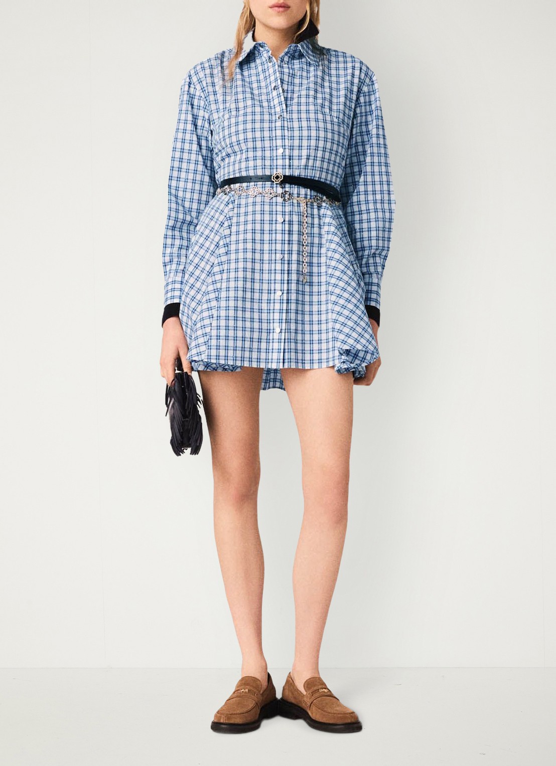 Maje Mini blousejurk met strass en ruitdessin - voorkant 3 blauw