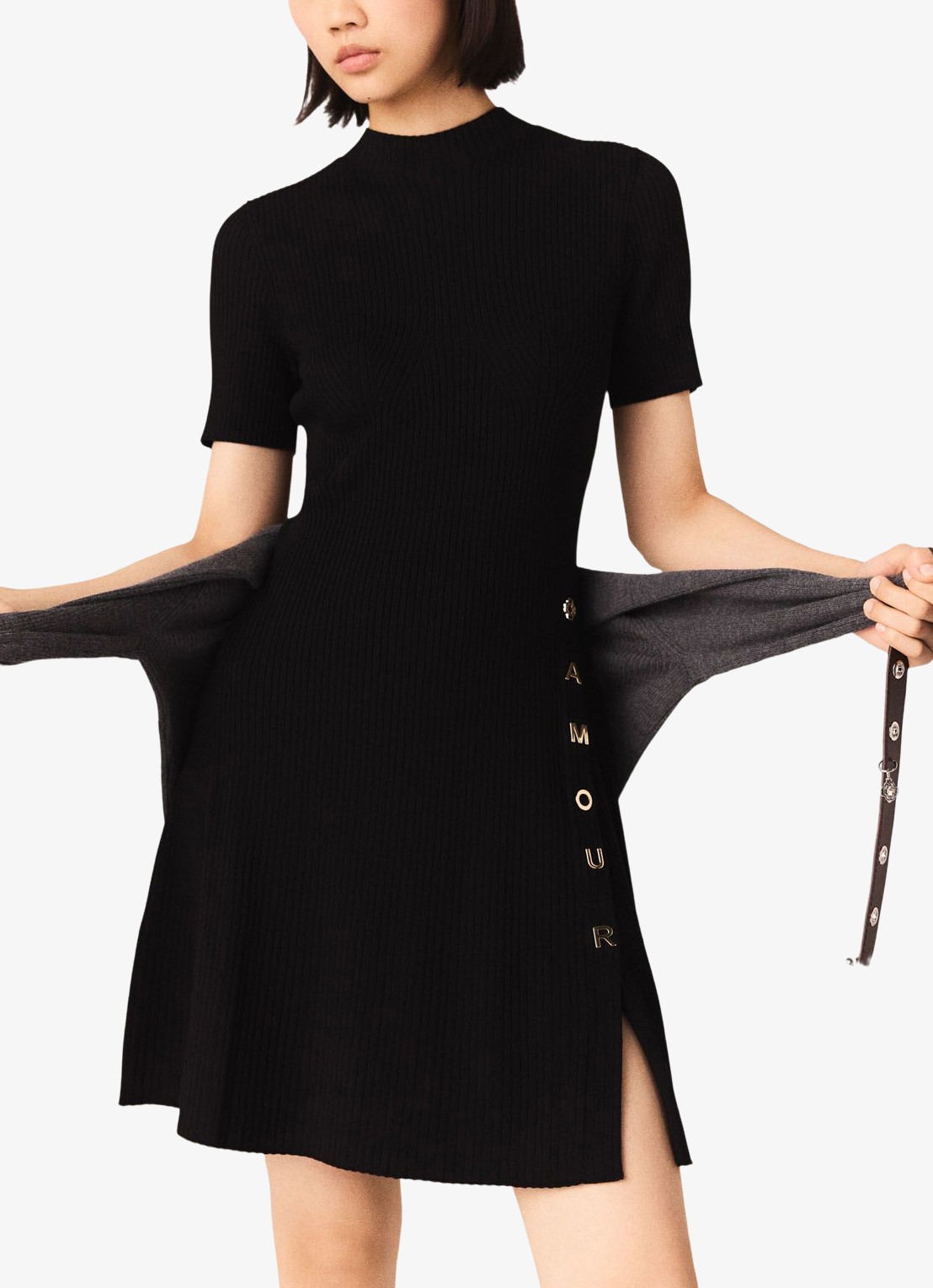 Maje Mini jurk met ribstructuur - detail 7 zwart