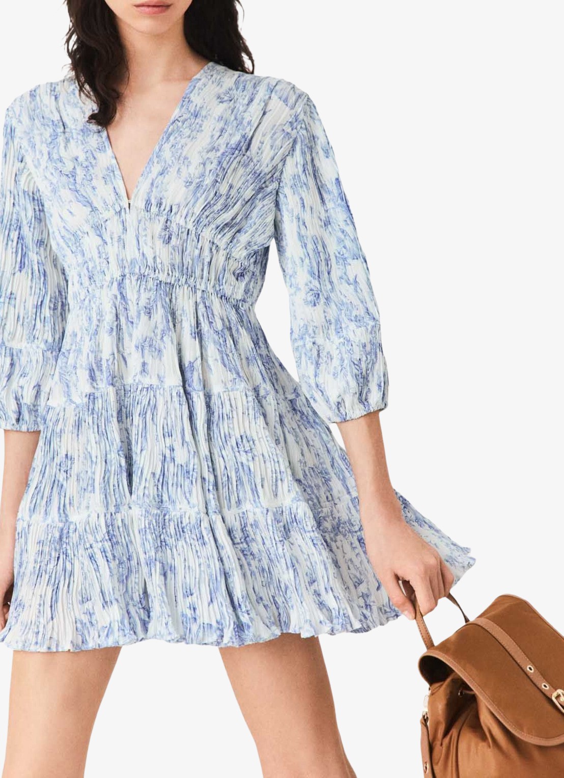 Maje Mini jurk met smockwerk en V-hals - detail 7 blauw