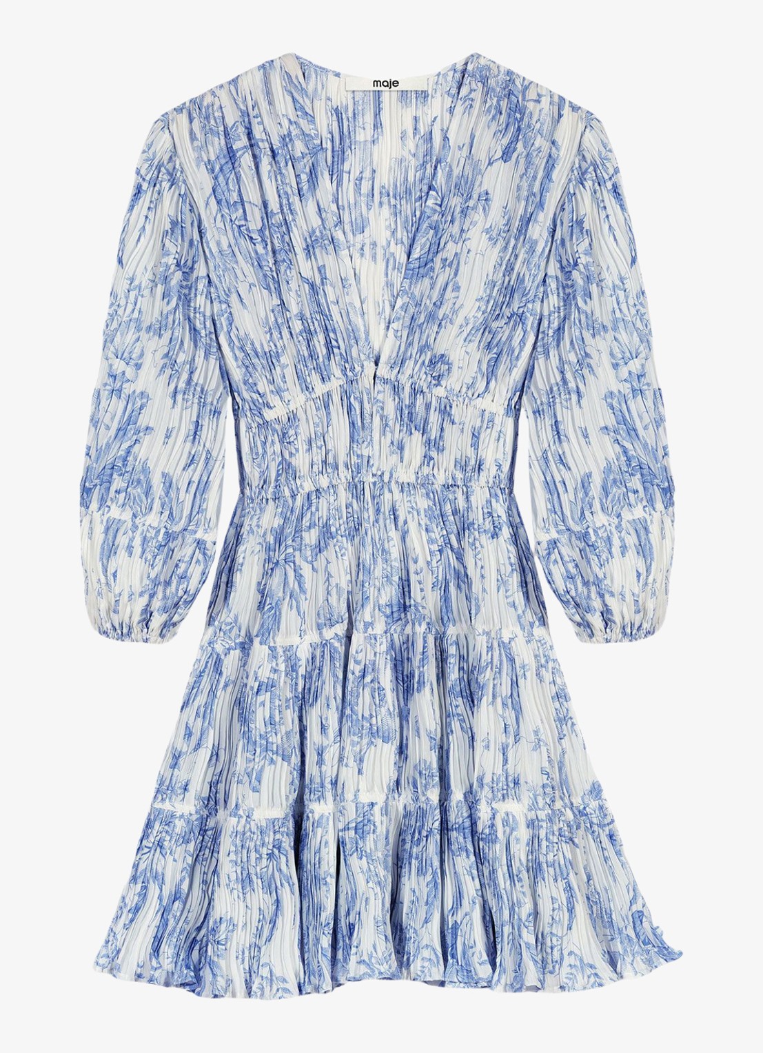 Maje Mini jurk met smockwerk en V-hals - voorkant blauw