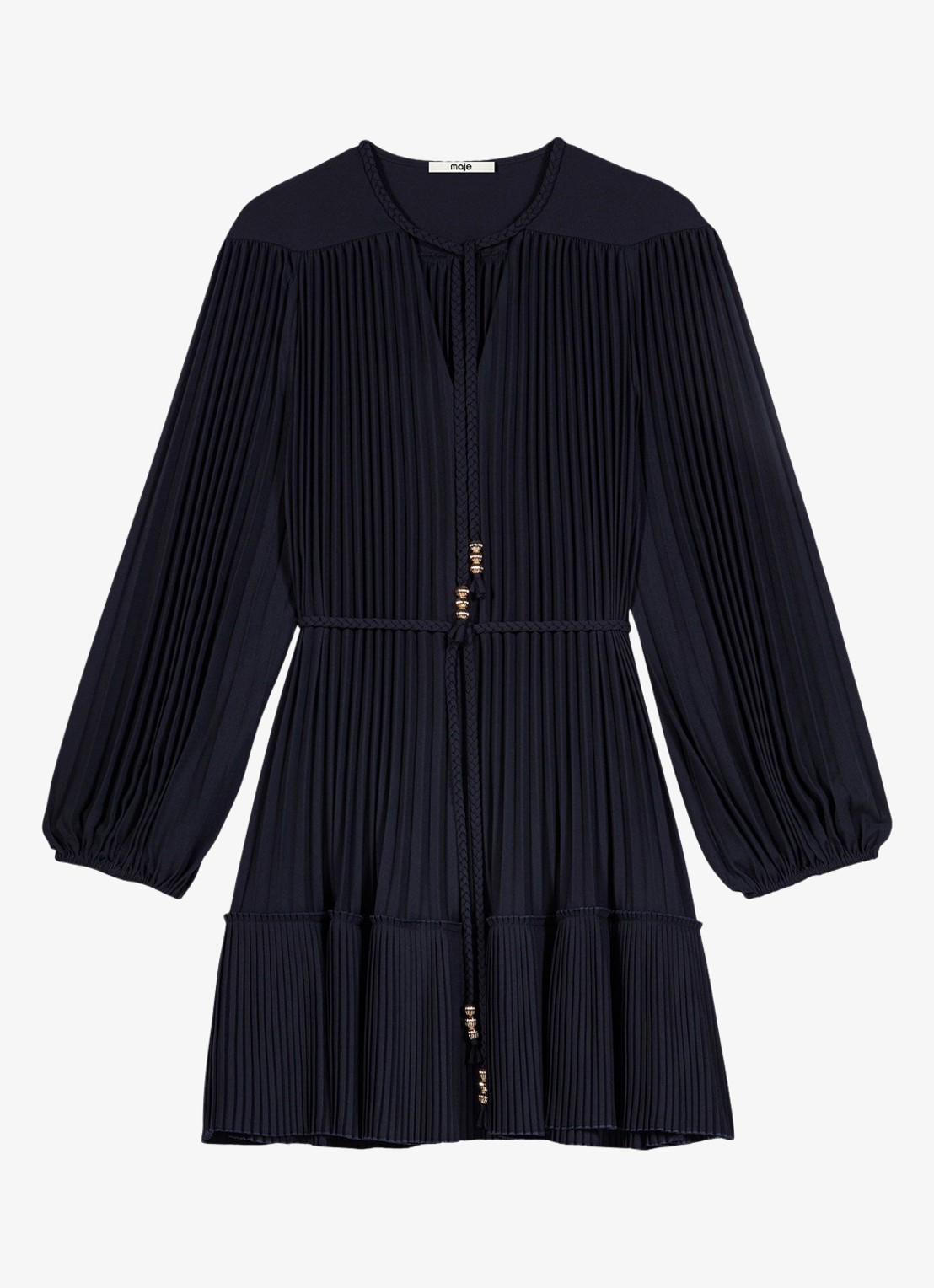 Maje Mini jurk met strikceintuur - voorkant donkerblauw