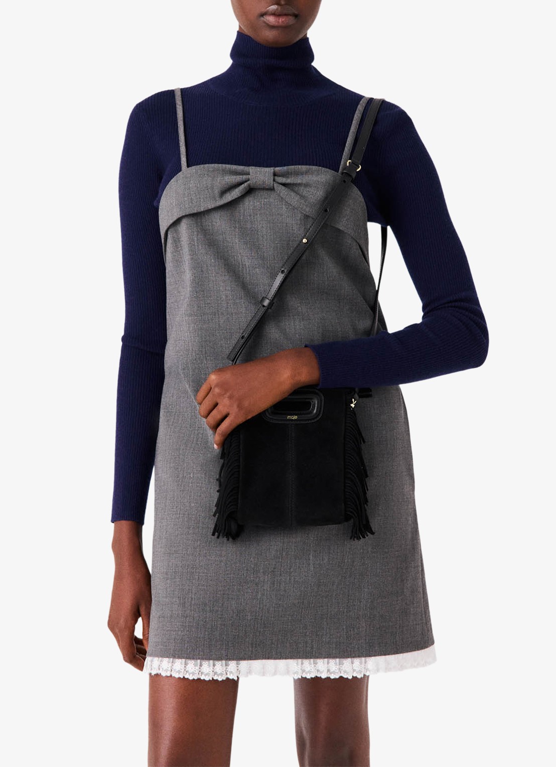 Maje Mini M tas van suéde met franjes - voorkant 7 zwart